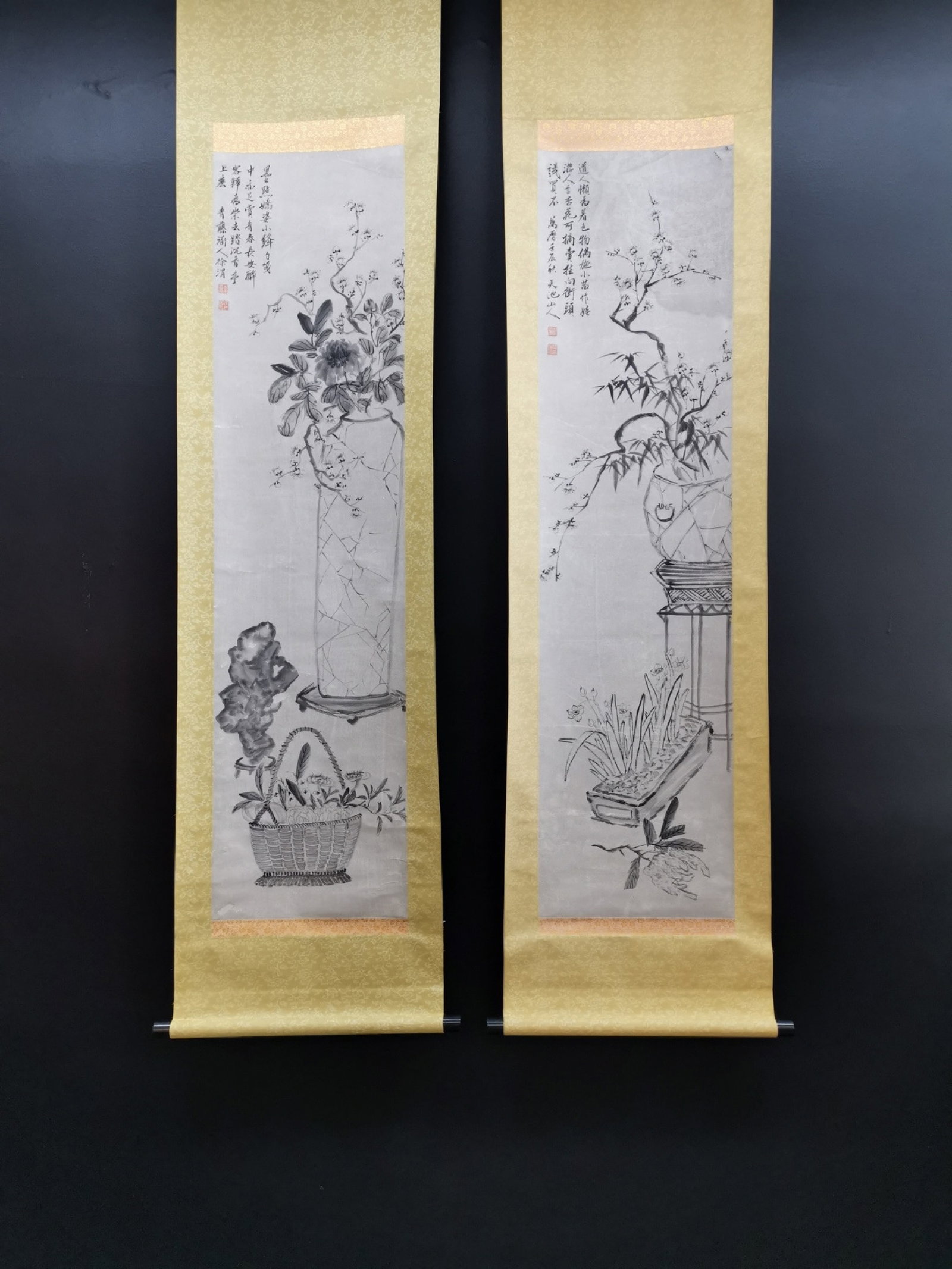 A Pair of Chinese Vertical Scroll Ink Painting of Flower on Paper (1 of 9)