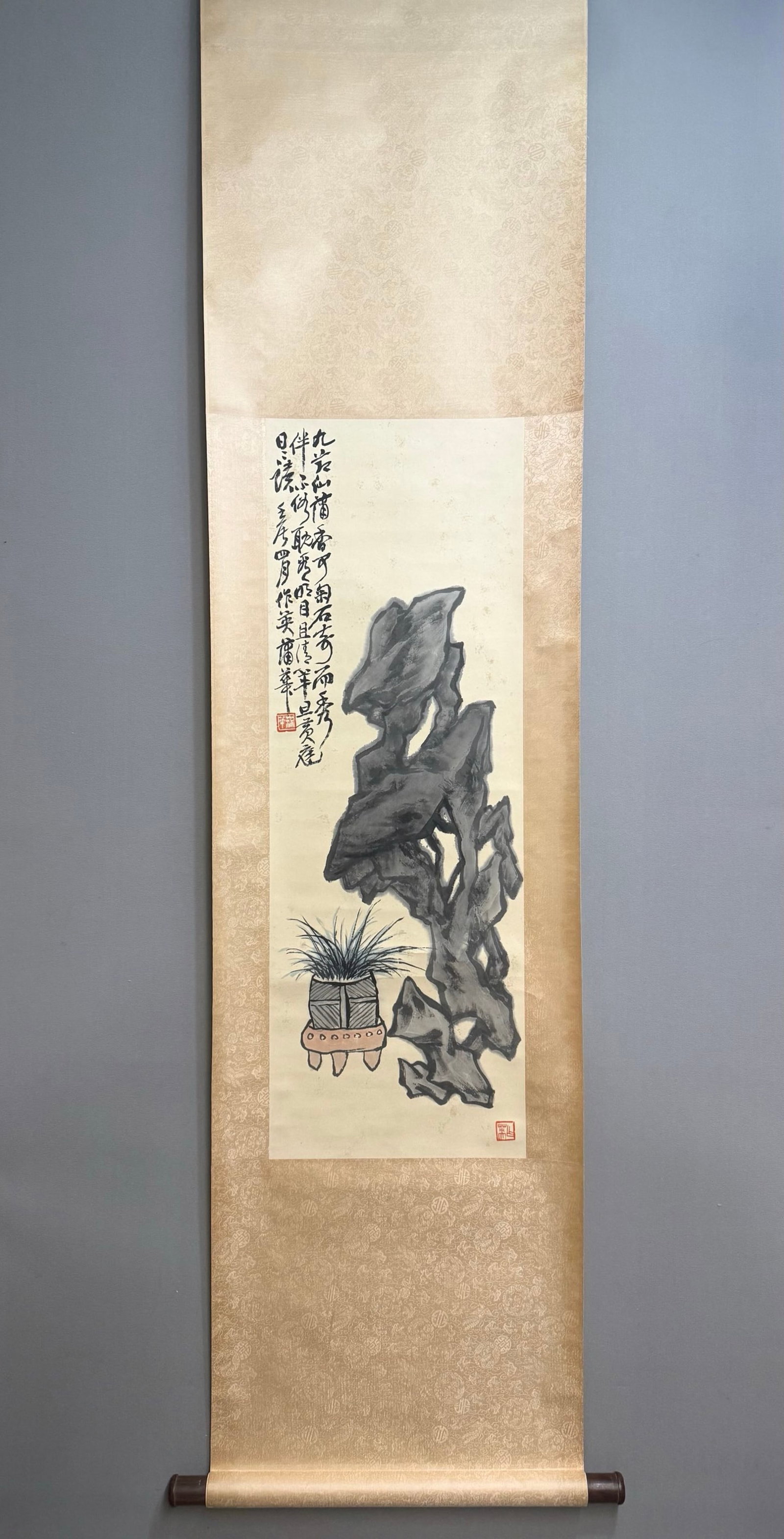 A Chinese Vertical Scroll Ink Painting of Stone on Paper: A Chinese Vertical Scroll Ink Painting of Stone on Paper,Pu Hua,Size:37.4inx13in 一幅中国水墨石头画立轴,蒲华