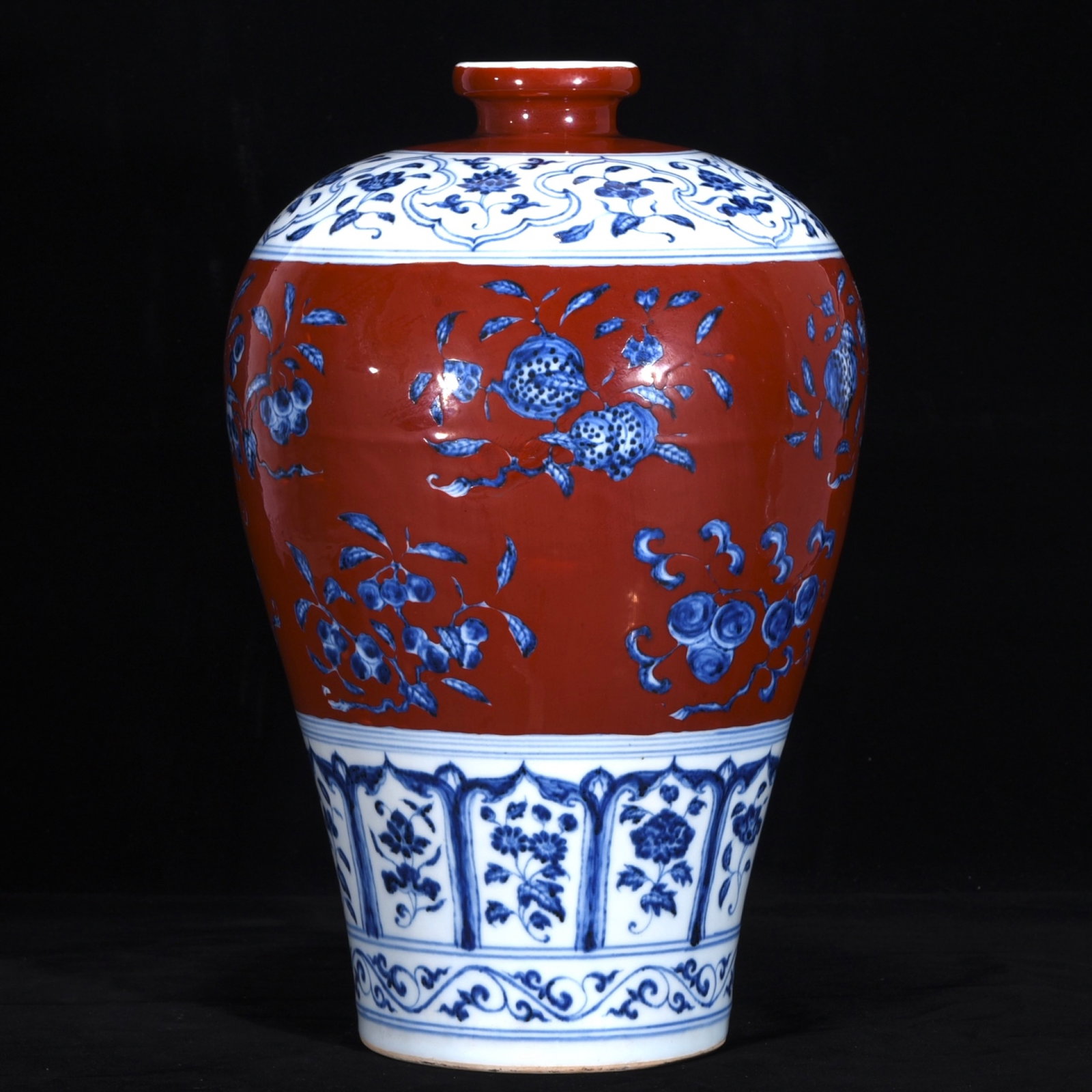 A Rare Blue and White Iron-Red Flower and Fruit Pattern Vase: A Rare Blue and White Iron-Red Flower and Fruit Pattern Vase,Ming Dynasty,China,Size:14inx10.6in 青花矾红花果纹瓶,中国明代