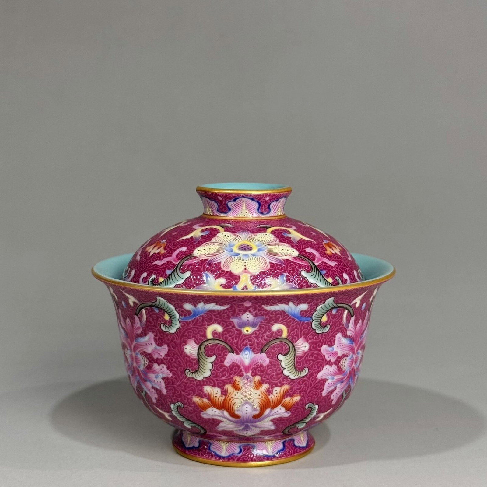 An Exquisite Ruby Red-Glazed Lotus Pattern With Cover Bowl: An Exquisite Ruby Red-Glazed Lotus Pattern With Cover Bowl,Qing Dynasty, China,Qianlong Four-character Mark,Size:3.1inx3.3in 胭脂红莲花纹带盖碗,&#