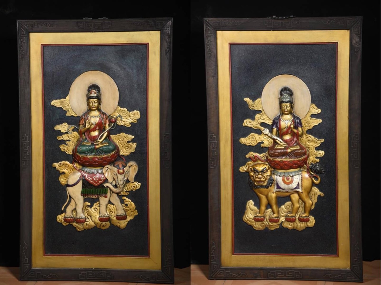 A Pair of Exquisite Tanwood Inlaid Bronze Painted Color Statue of Bodhisattva Tangkas: A Pair of Exquisite Tanwood Inlaid Bronze Painted Color Statue of Bodhisattva Tangkas,Qing Dynasty,China,Size:53.1inx31.5inx1.2in,Weight:20kg