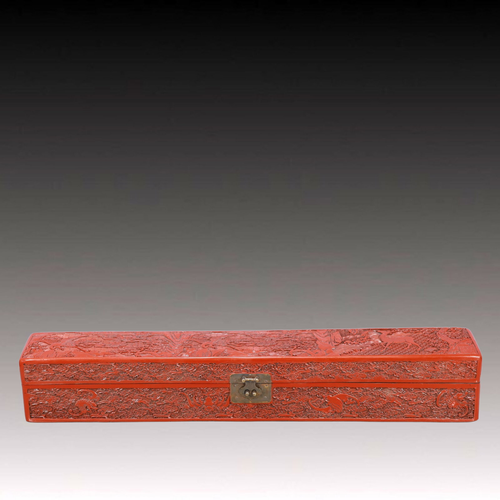 A Huge Carved Red Lacquer Deer and Crane Pattern Box: A Huge Carved Red Lacquer Deer and Crane Pattern Box,Qing Dynasty, China,Qianlong Six-character Mark,Size:28.5inx4.1inx4.5in,Weight:3550g 剔红漆器鹿鹤纹௡