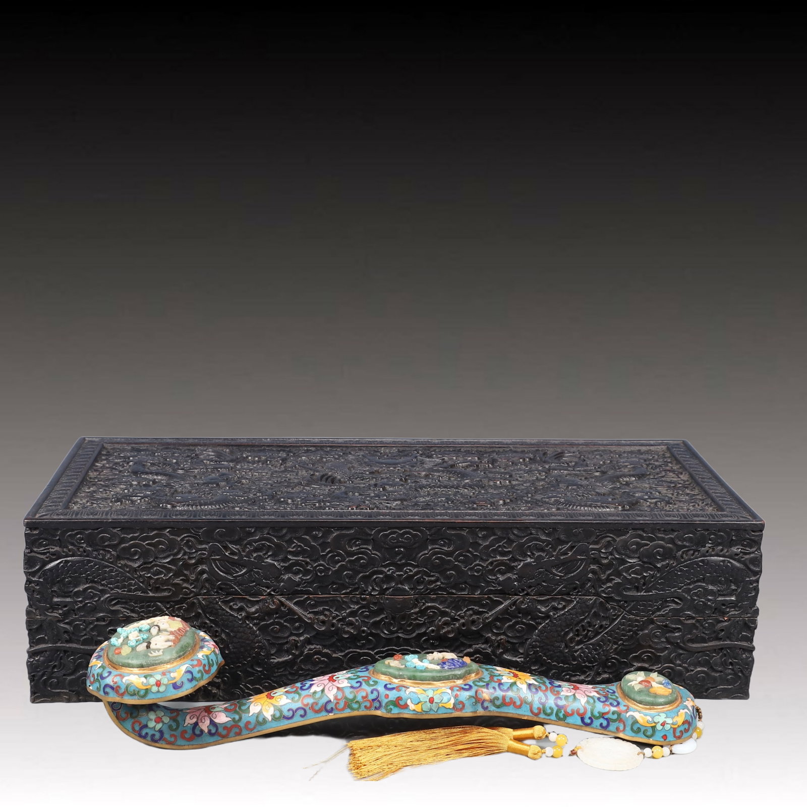 A Huge Cloisonne Inlaid Sapphire Lotus and Deer Pattern Ruyi,Inlaid Gems,With Auspicious Cloud and: A Huge Cloisonne Inlaid Sapphire Lotus and Deer Pattern Ruyi,Inlaid Gems,With Auspicious Cloud and Dragon Pattern Box,Qing Dynasty, China,Qianlong Four-character Mark,Size:16.5inx4.3inx3.5in,Weight:13
