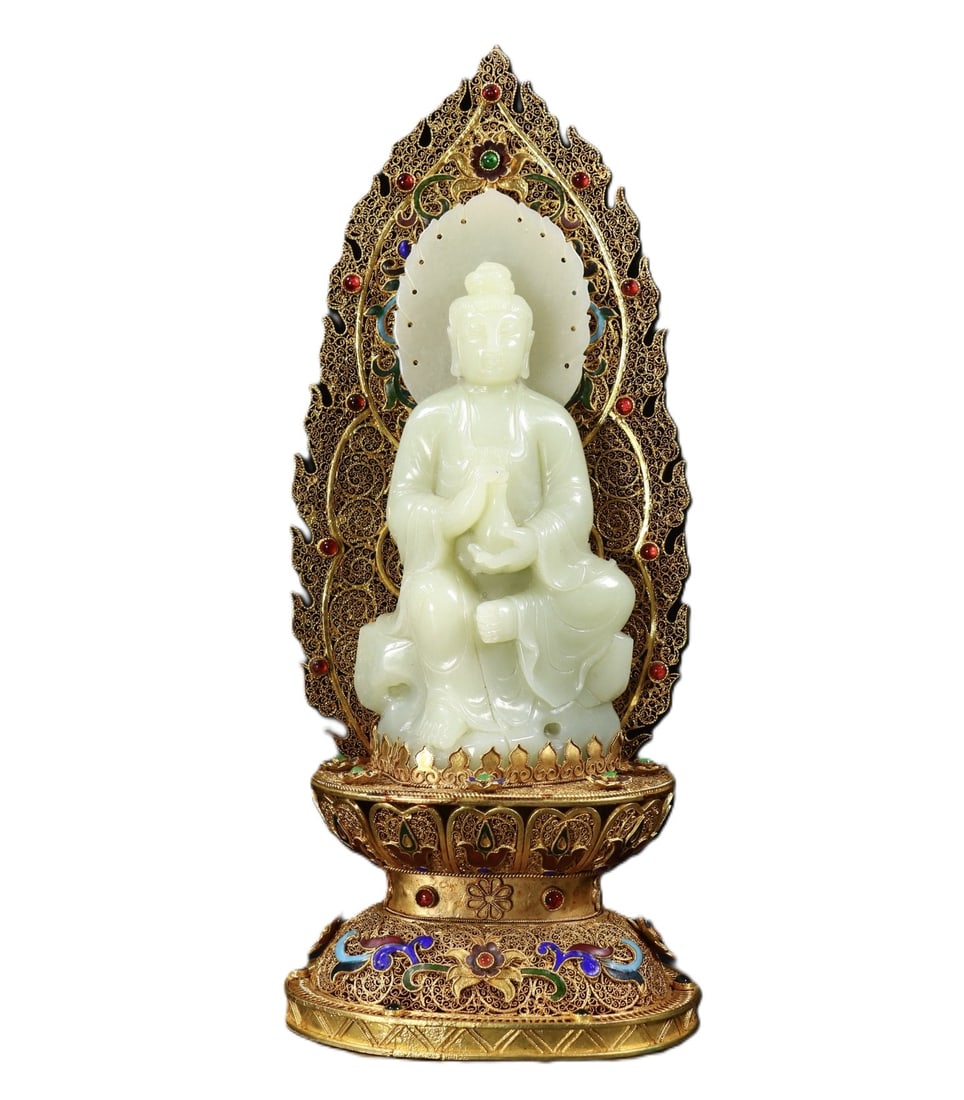 An Exquisite Filigree and Gilding Inlaid White Jade Statue of Avalokitesvara,Inlaid Gems: An Exquisite Filigree and Gilding Inlaid White Jade Statue of Avalokitesvara,Inlaid Gems,Qing Dynasty,China,Qianlong Four-character Mark,Size:12inx5.1inx3.9in,Weight:1225g 花丝鎏%