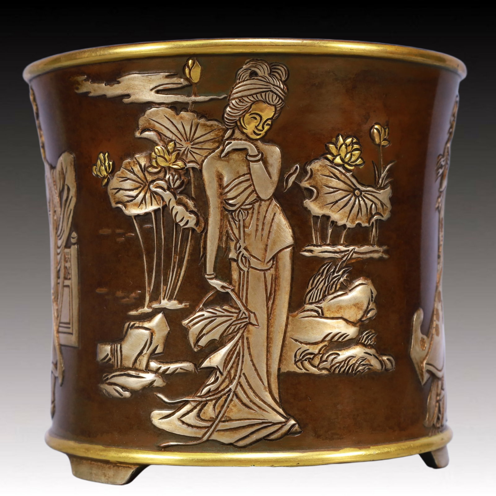 An Exquisite Bronze Inlaid Gold and Silver Flower and Figure Pattern Brush Pot (1 of 6)