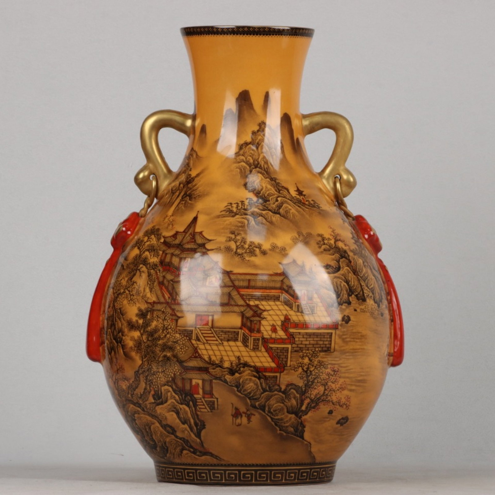 An Exquisite Enamel Gilt Landscape and Figure Pattern Double-Ears Vase: An Exquisite Enamel Gilt Landscape and Figure Pattern Double-Ears Vase ,Qing Dynasty, China,Qianlong Six-character Mark,Size:15inx9.8in 珐琅彩鎏金山水人
