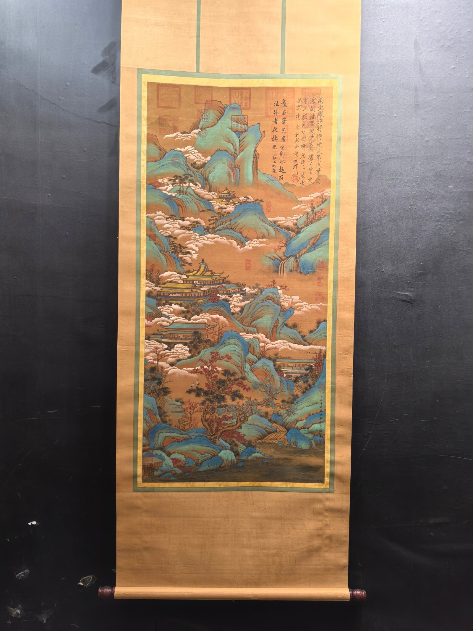 A Chinese Vertical Scroll Ink Painting of Landscape on Silk: A Chinese Vertical Scroll Ink Painting of Landscape on Silk,Jing Hao,Size:26.1inx56.4in
