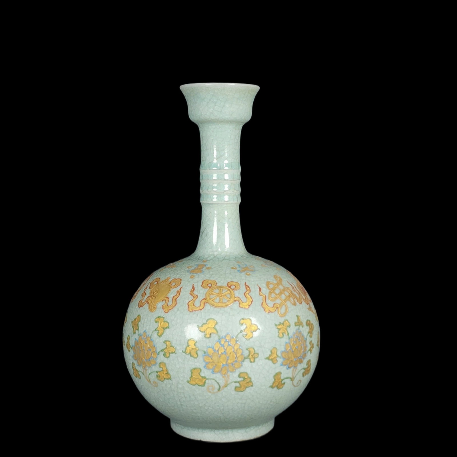 An Exquisite Ru yao Eight Treasures Pattern Vase: An Exquisite Ru yao Eight Treasures Pattern Vase,Song Dynasty,China,Size:10.9inx5.8in 汝窑八宝纹瓶,中国宋代