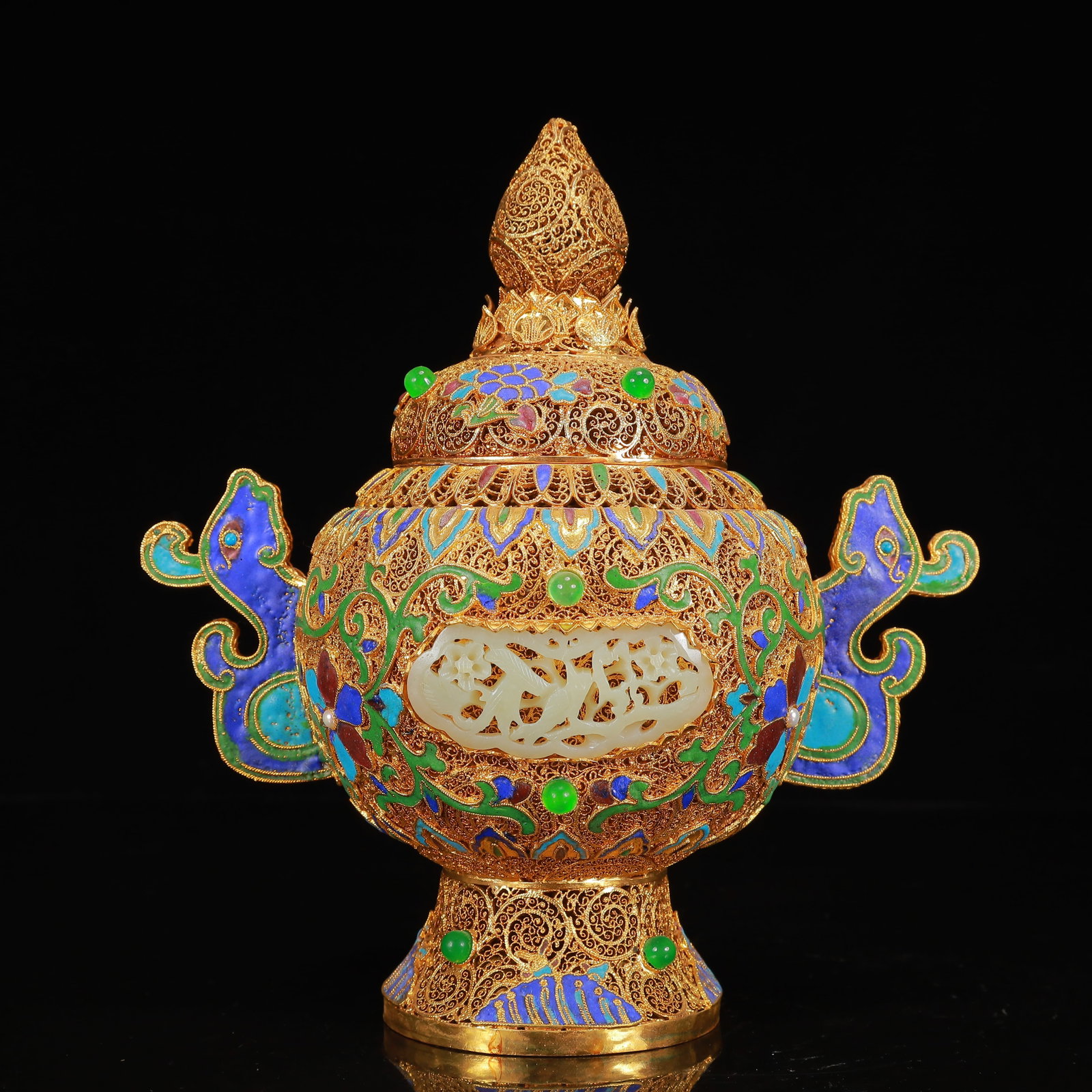 An Exquisite Filigree and Gilding Inlaid White Jade Flower Pattern Double-Ears Censer,Inlaid Gems: An Exquisite Filigree and Gilding Inlaid White Jade Flower Pattern Double-Ears Censer,Inlaid Gems,Qing Dynasty, China,Qianlong Four-Character Mark,Size:8.7inx5.1inx9.4in,Weight:900g 花丝&#