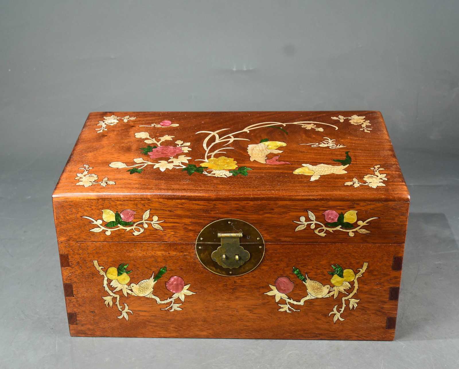 A Rare Huanghuali wood Inlaid Shell Flower and Bird Pattern Box: A Rare Huanghuali wood Inlaid Shell Flower and Bird Pattern Box,Qing Dynasty,China,Size:8.3inx15.7inx9.1in 黄花梨木镶贝壳花鸟纹箱,