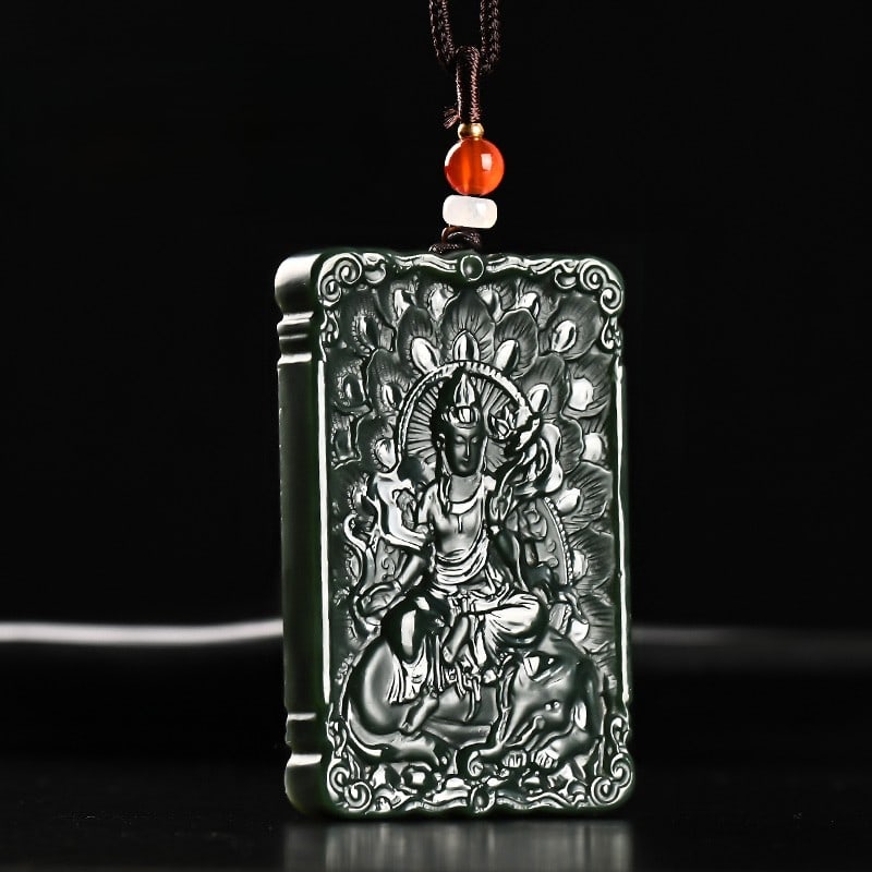 An Exquisite Cyan jade Statue of Samantabhadra Pendant: An Exquisite Cyan jade Statue of Samantabhadra Pendant,Size:60mmx40mmx8mm 青玉普贤菩萨像挂件