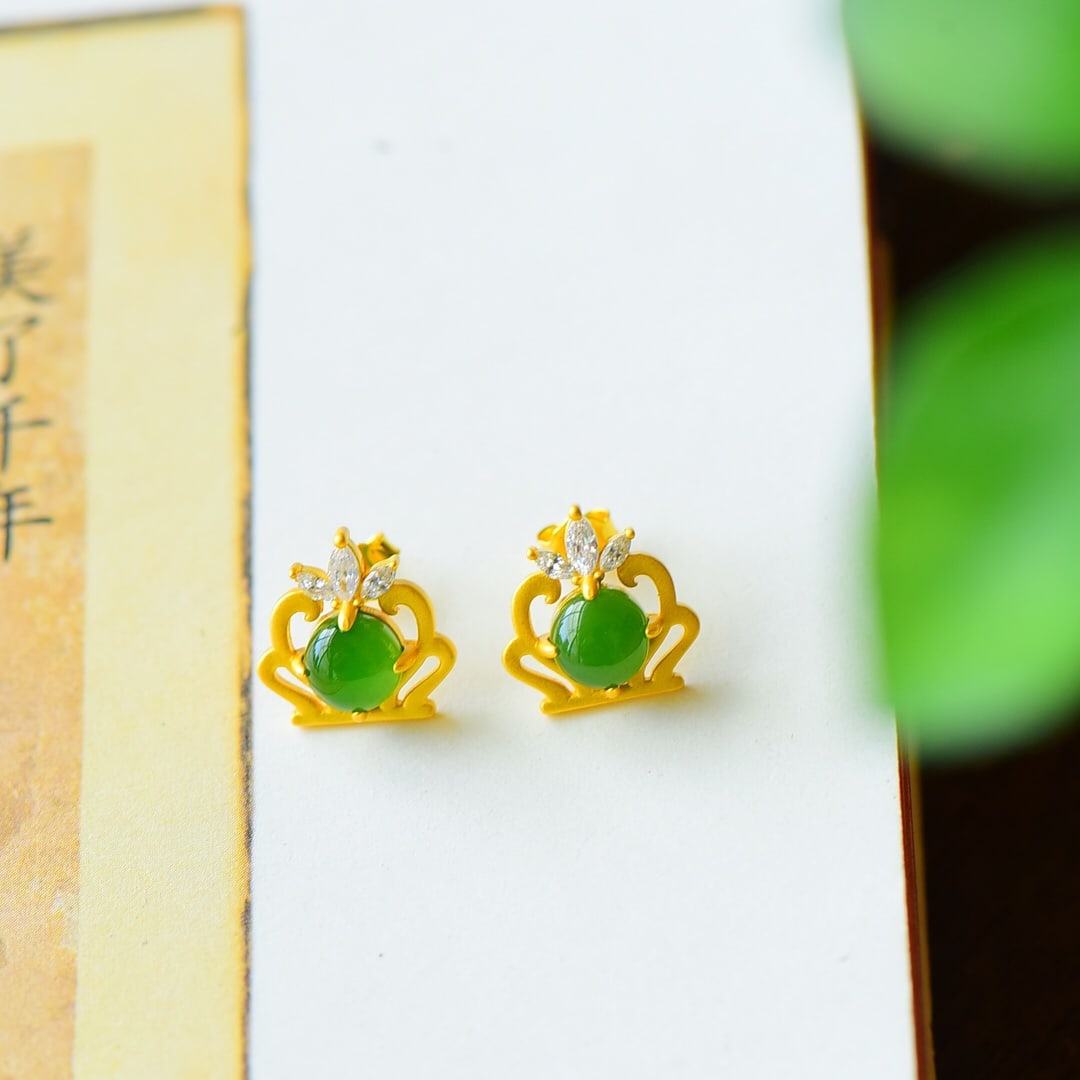A Pair of Exquisite Sterling Silver-Gold Plated Inlaid Jasper Earrings,Inlaid Diamond: A Pair of Exquisite Sterling Silver-Gold Plated Inlaid Jasper Earrings,Inlaid Diamond,Size:12mmx13mm 一对纯银镀金镶碧玉耳环,嵌&#