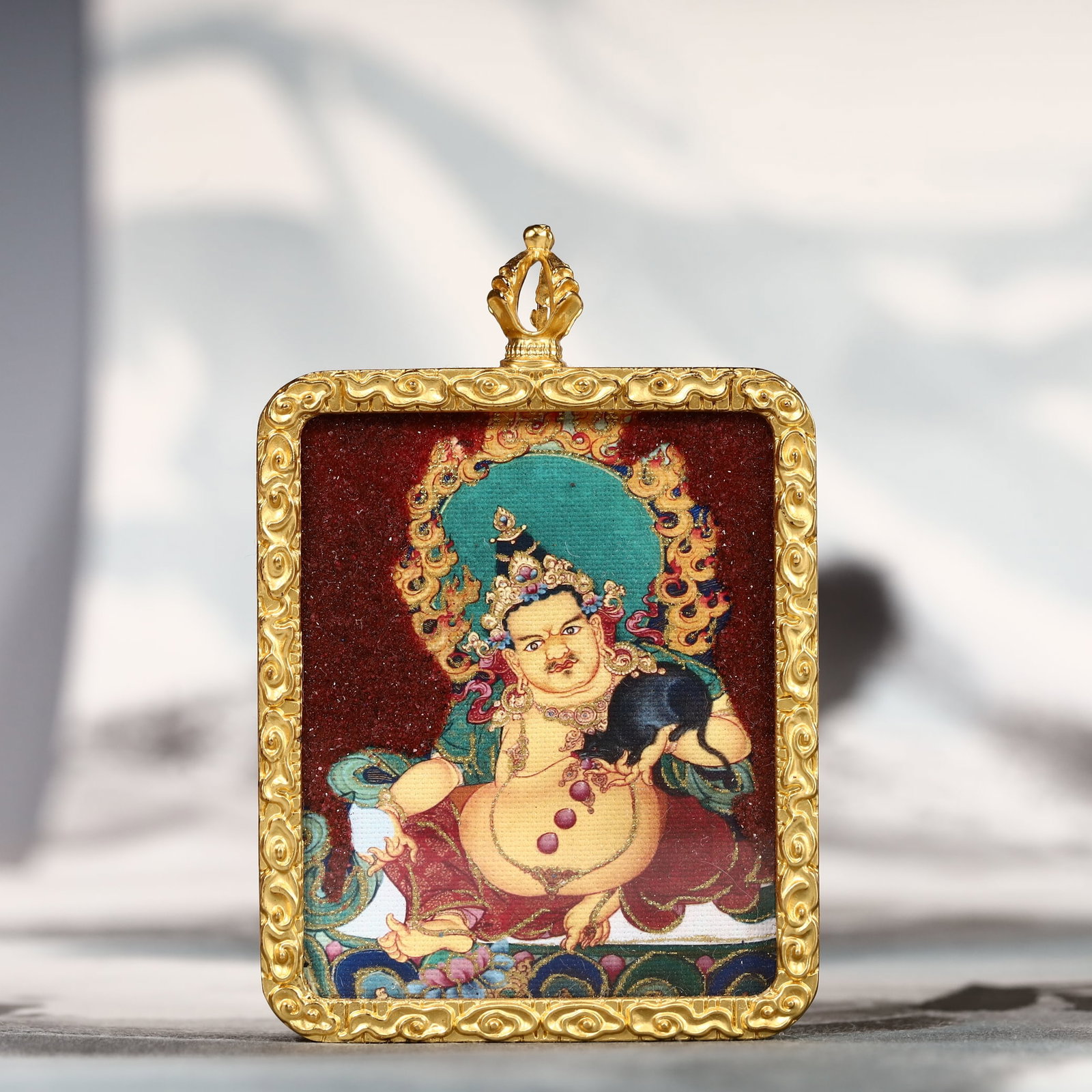 An Exquisite Painted Color Statue of Mammon Tangka: An Exquisite Painted Color Statue of Mammon Tangka,Size:2inx2.8in 彩绘财神像唐卡