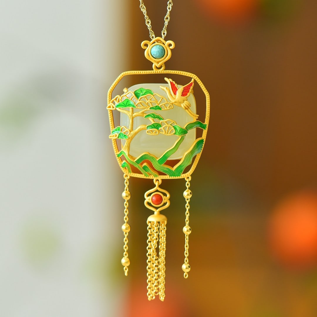 An Exquisite Sterling Silver-Gold Plated Inlaid White Jade Enamel Pendant: An Exquisite Sterling Silver-Gold Plated Inlaid White Jade Enamel Pendant 纯银镀金镶白玉珐琅吊坠