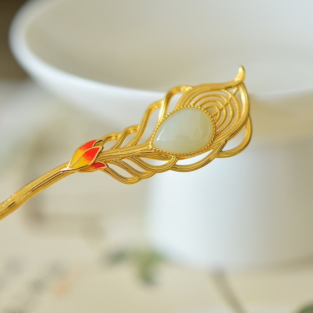 An Exquisite Sterling Silver-Gold Plated Inlaid White Jade Hairpin: An Exquisite Sterling Silver-Gold Plated Inlaid White Jade Hairpin 纯银镀金镶白玉发簪
