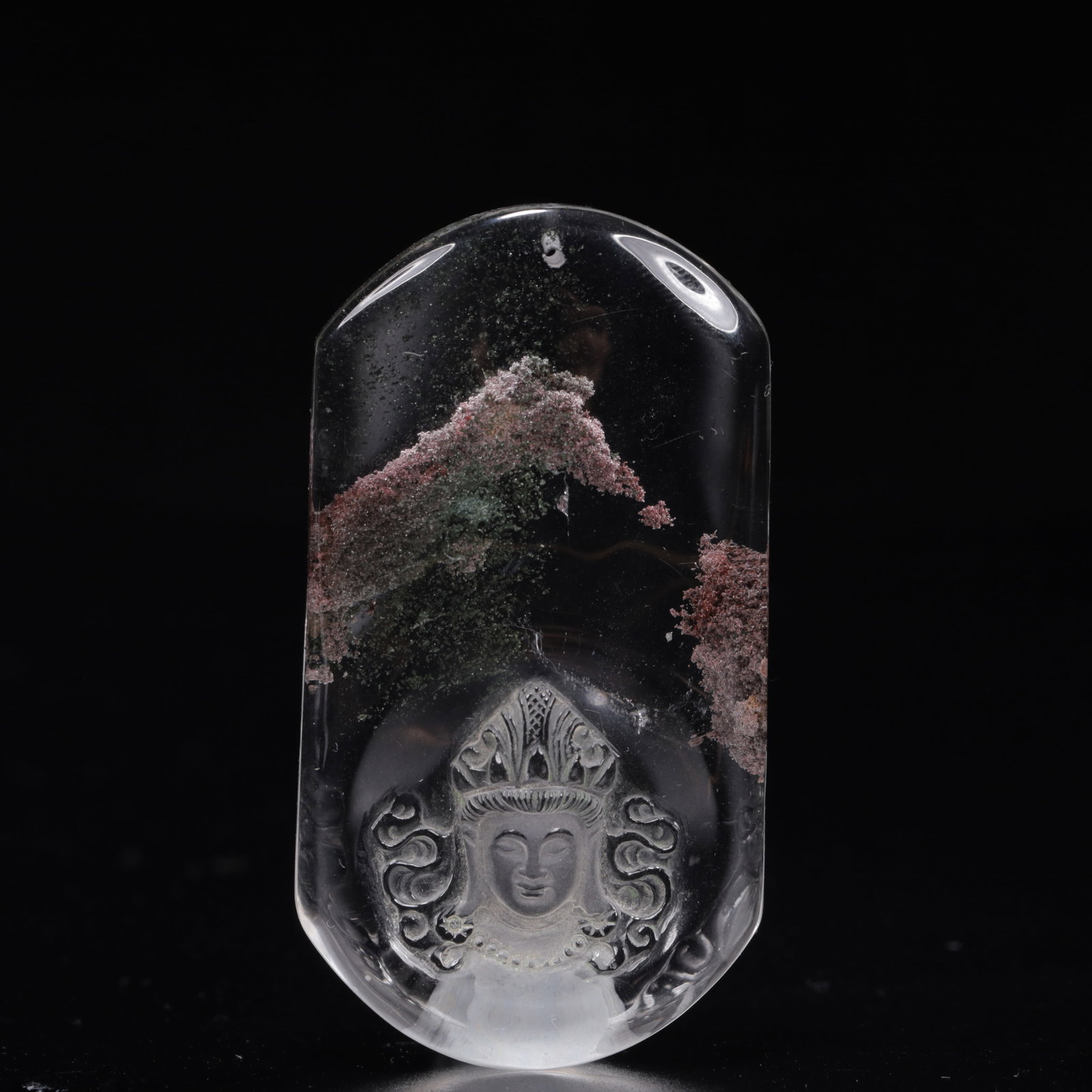 An Exquisite Crystal Statue of Avalokitesvara Pendant: An Exquisite Crystal Statue of Avalokitesvara Pendant,Size:1.6inx0.4inx2.8in,Weight:54g 水晶观音挂件
