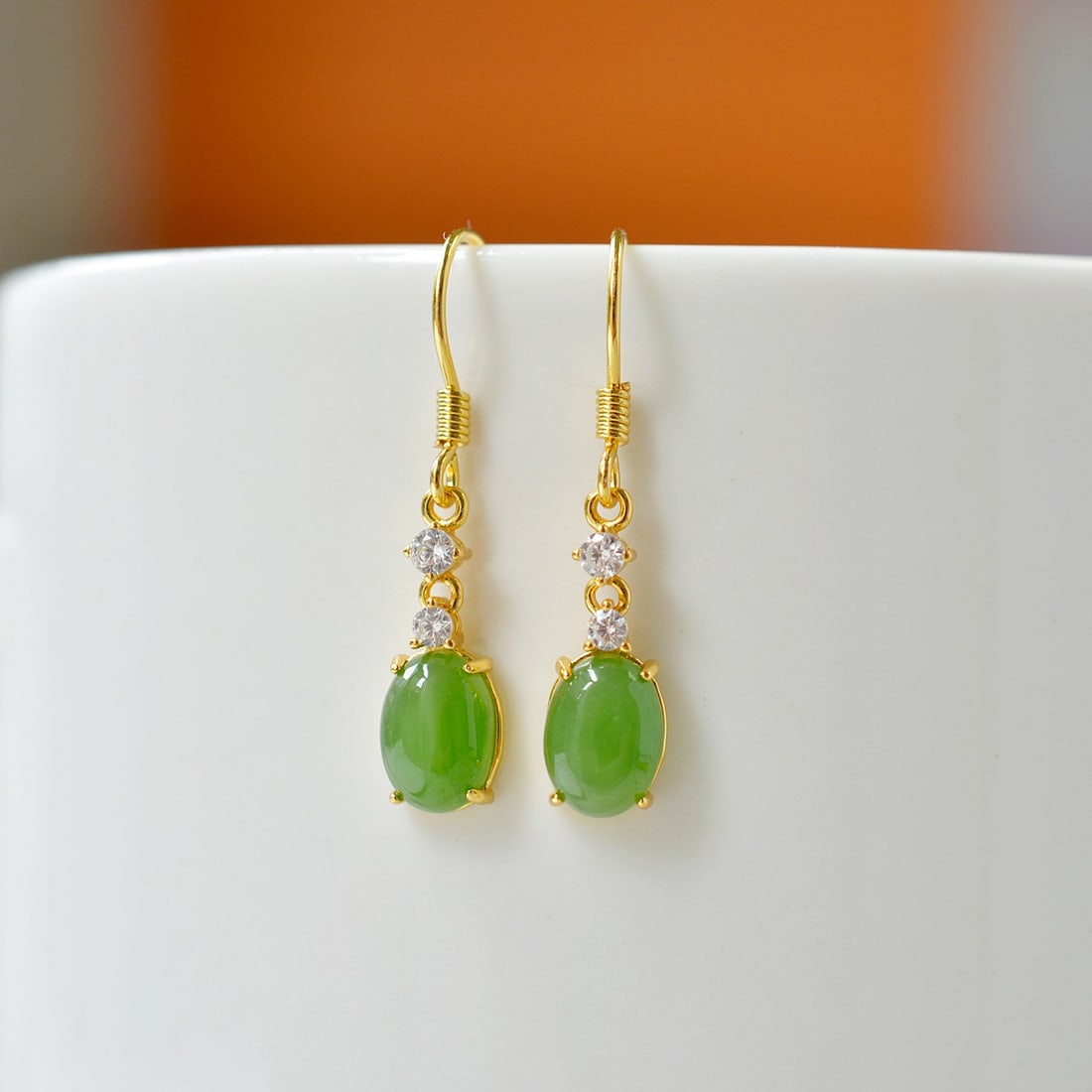 A Pair of Exquisite Sterling Silver-Gold Plated Inlaid Jasper Earrings,Inlaid Diamond: A Pair of Exquisite Sterling Silver-Gold Plated Inlaid Jasper Earrings,Inlaid Diamond,Size:6mmx8mm 一对纯银镀金镶碧玉耳环,嵌&