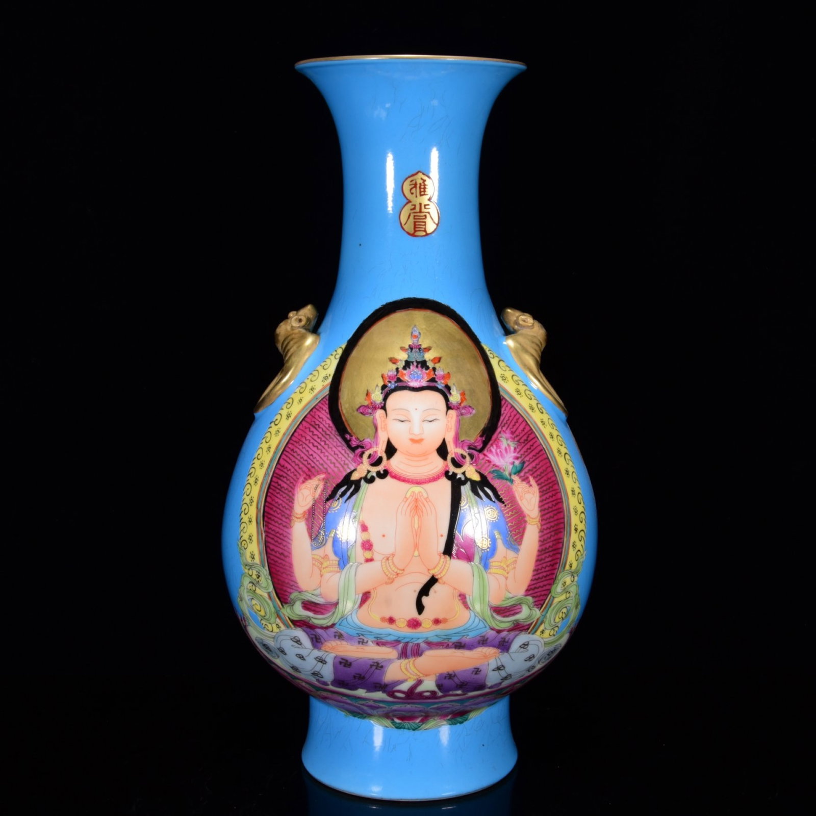 A Huge Blue Glazed Gilt Buddha Statue Beast-Ears Vase,with Poem (1 of 9)