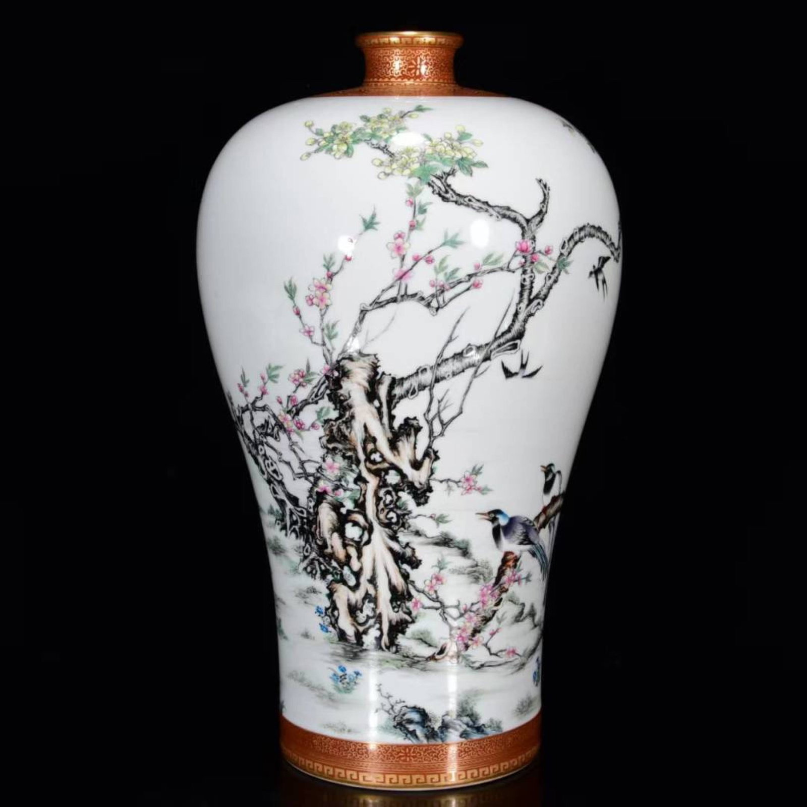 An Exquisite Famille-Rose Painted Gold Flower and Bird Pattern Vase,with poem: An Exquisite Famille-Rose Painted Gold Flower and Bird Pattern Vase,with poem,Qing Dynasty,China,Yongzheng Six-character Mark,Size:12.2inx6.7in 粉彩描金花鸟纹