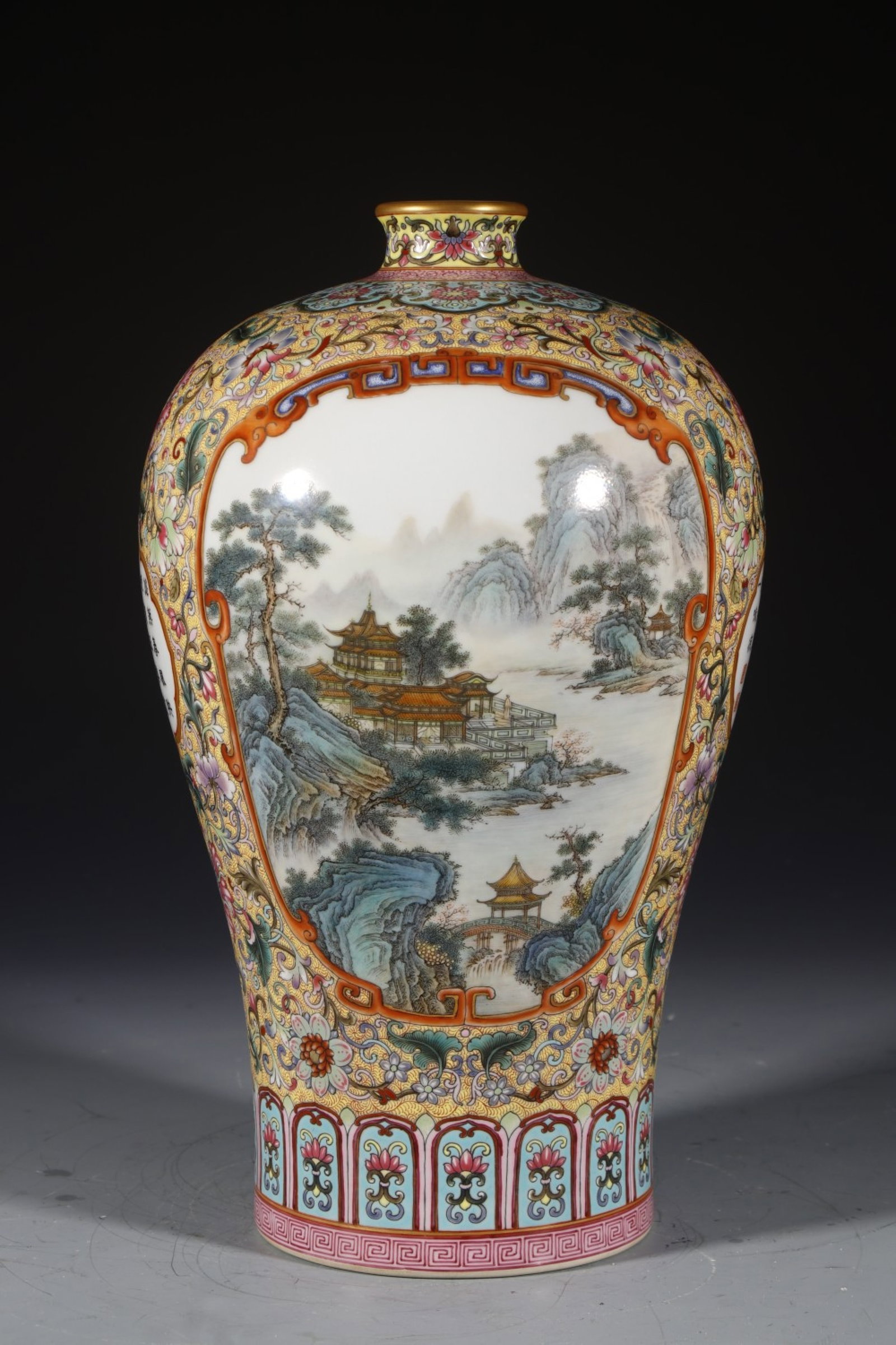 An Exquisite Enamel Landscape Pattern Vase,with poem: An Exquisite Enamel Landscape Pattern Vase,with poem,Qing Dynasty,China,Qianlong Six-character Mark,Size:12.6inx4.7in 珐琅彩山水纹瓶,带诗文,