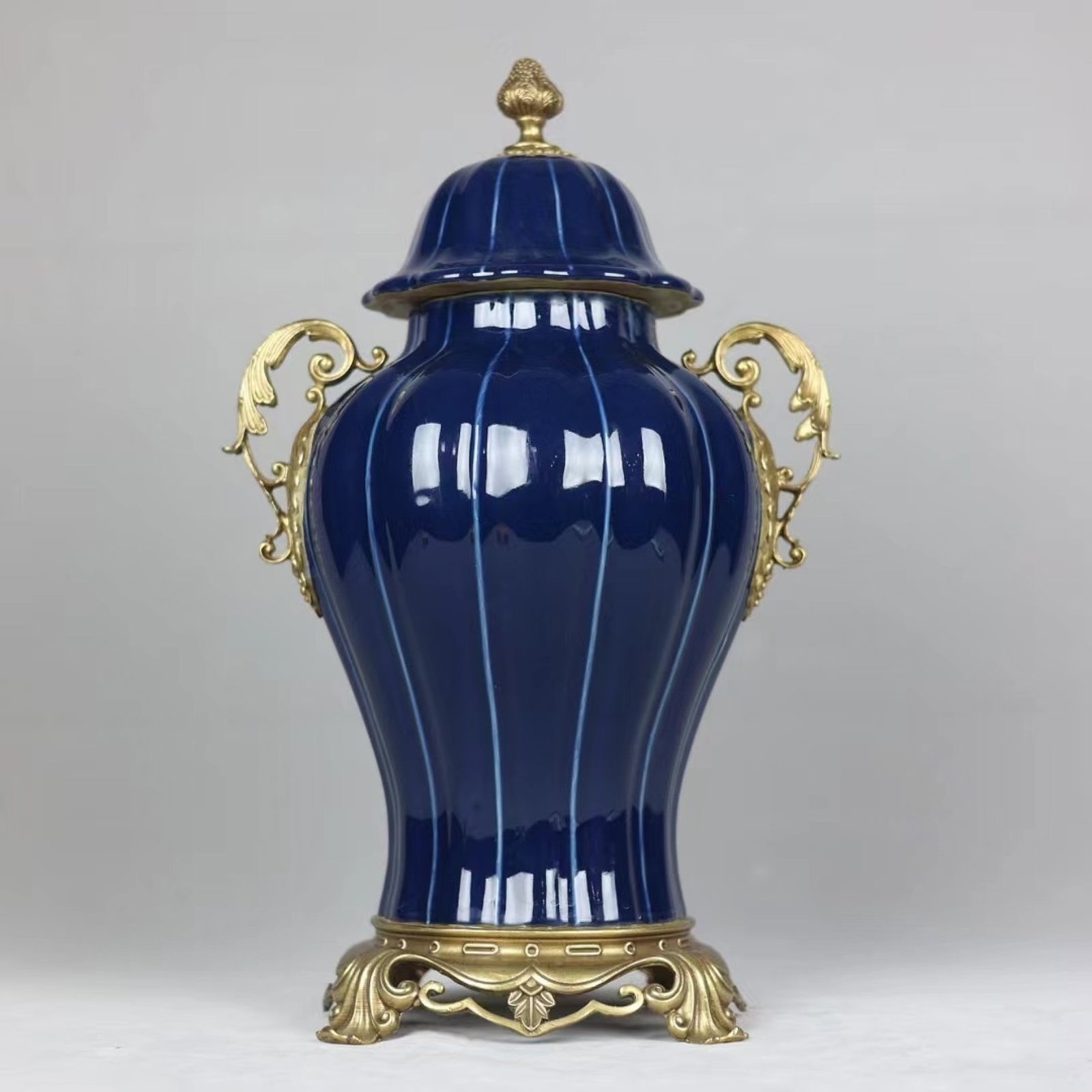A Huge Ji Blue Glazed Inlaid Bronze Double-Ears Jar with Cover: A Huge Ji Blue Glazed Inlaid Bronze Double-Ears Jar with Cover,Qing Dynasty,China,Yongzheng Six-Character Mark,Size:18.5inx11in 霁蓝釉嵌铜双耳盖罐