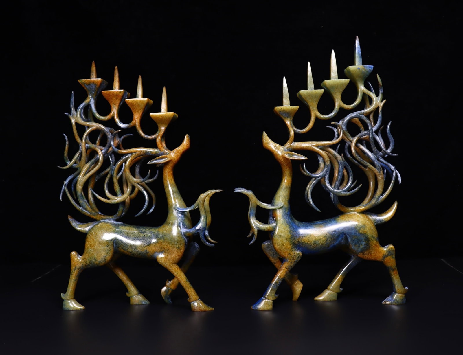 A Pair of Exquisite Yellow Jade Deer-Shaped Candlesticks: A Pair of Exquisite Yellow Jade Deer-Shaped Candlesticks,Qing Dynasty, China,Size:8.5inx2.2inx13.8in,Weight:1346g*2 一对黄玉鹿形烛台,中国