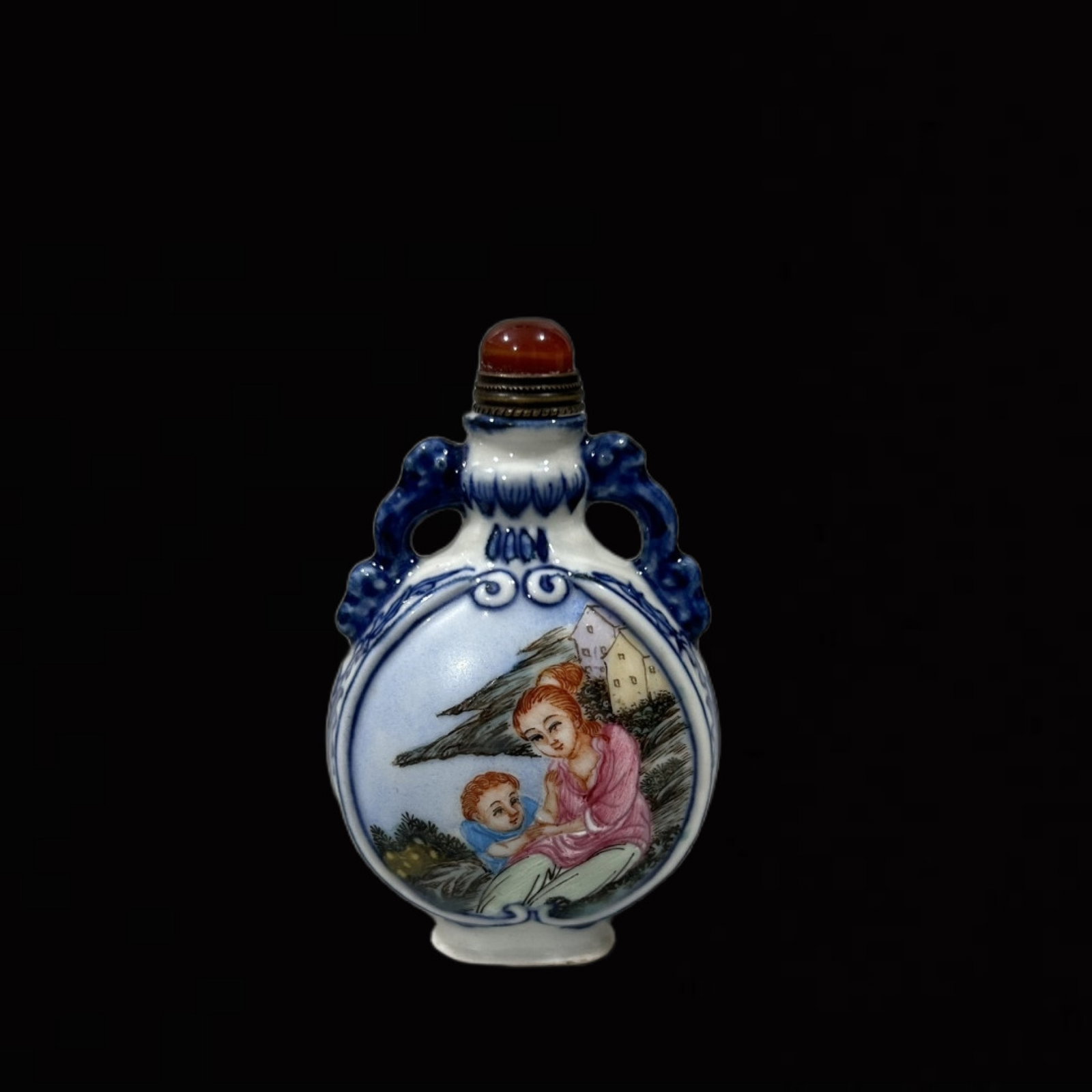 An Exquisite Blue and White Enamel Character and Story Pattern Snuff Bottle: An Exquisite Blue and White Enamel Character and Story Pattern Snuff Bottle,Qing Dynasty,China,With Mark,Size:2.8inx1.7in 青花珐琅彩人物故事ಬ