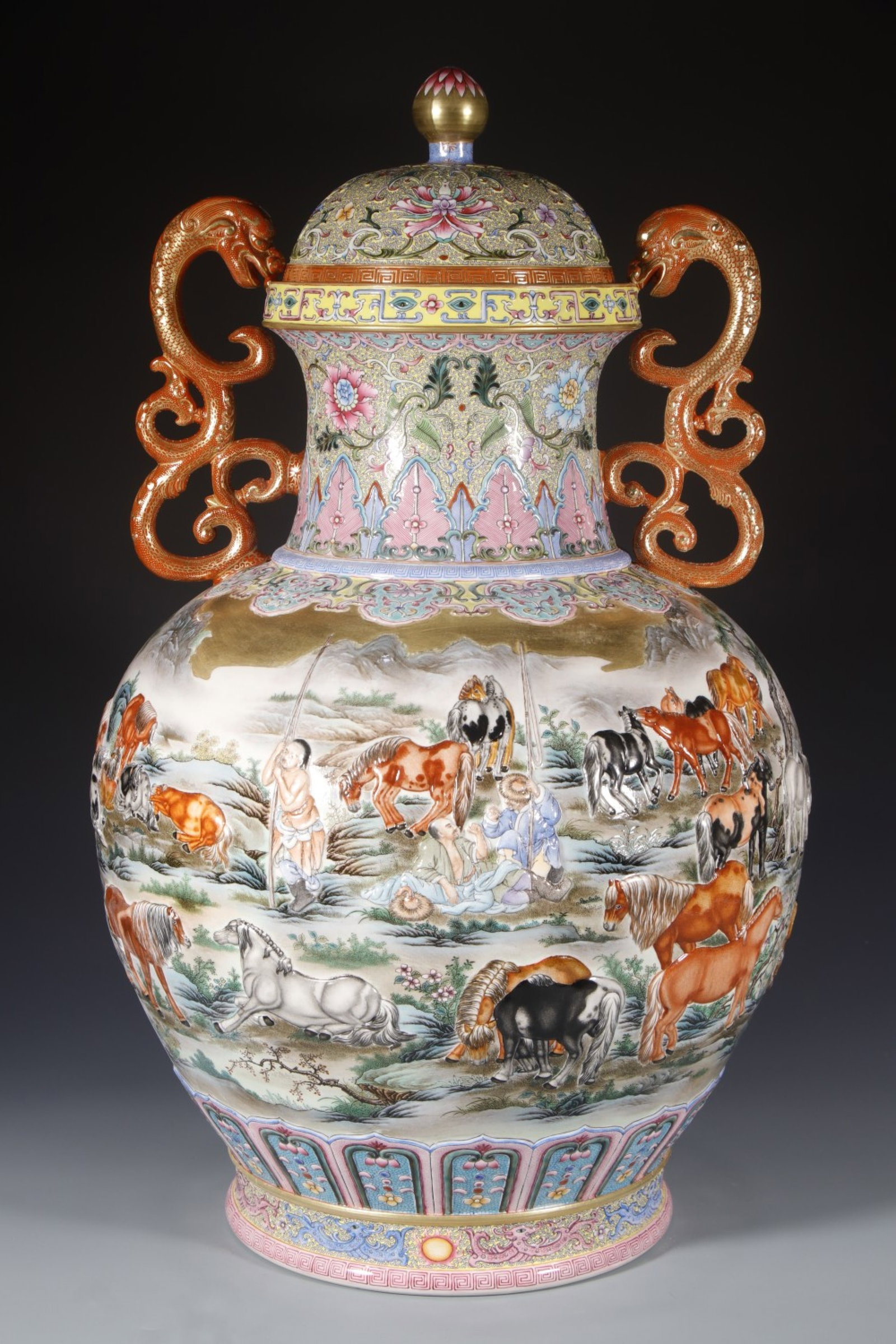 A Huge Enamel Character and Story Pattern Double-Ears Bottle: A Huge Enamel Character and Story Pattern Double-Ears Bottle,Qing Dynasty,China,Qianlong Six-character Mark,Size:23.6inx7.9in 珐琅彩人物故事纹双&#