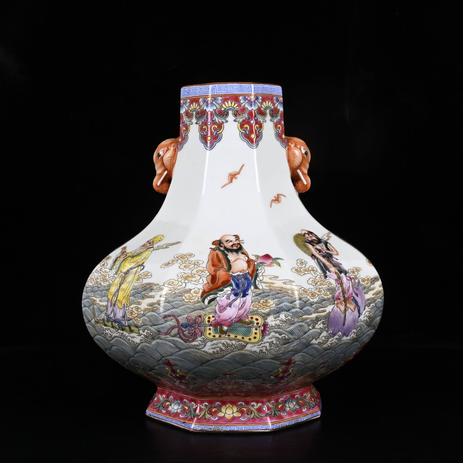 An Exquisite Enamel Character and Story Pattern Elephant-Ears Vase: An Exquisite Enamel Character and Story Pattern Elephant-Ears Vase,Qing Dynasty,China,Qianlong Six-character Mark,Size:11inx9.8in 珐琅彩人物故事纹ฉ