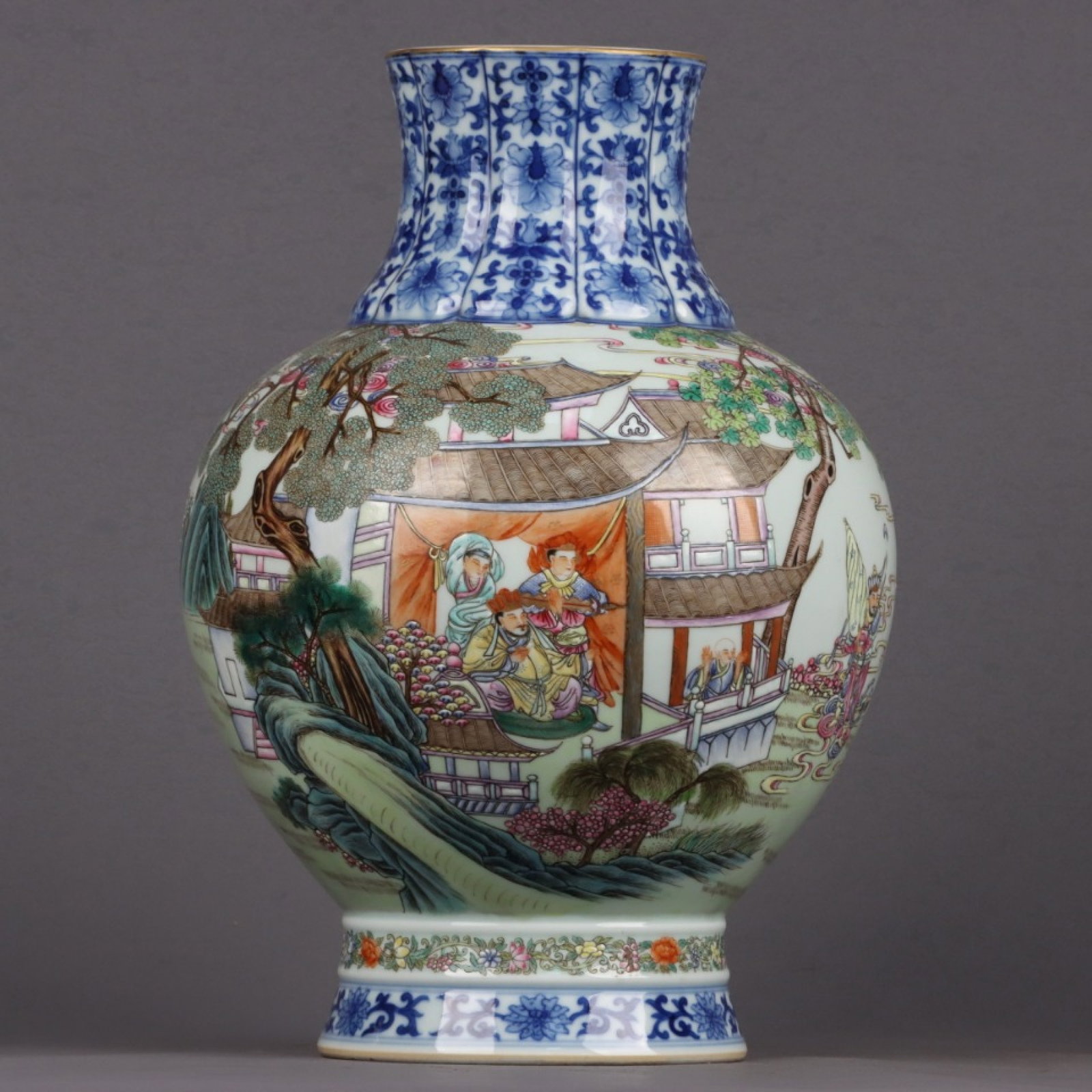 An Exquisite Blue and White Figure and Story Pattern Vase: An Exquisite Blue and White Figure and Story Pattern Vase,Qing Dynasty, China,Qianlong Six-character Mark,Size:11.4inx7.9in