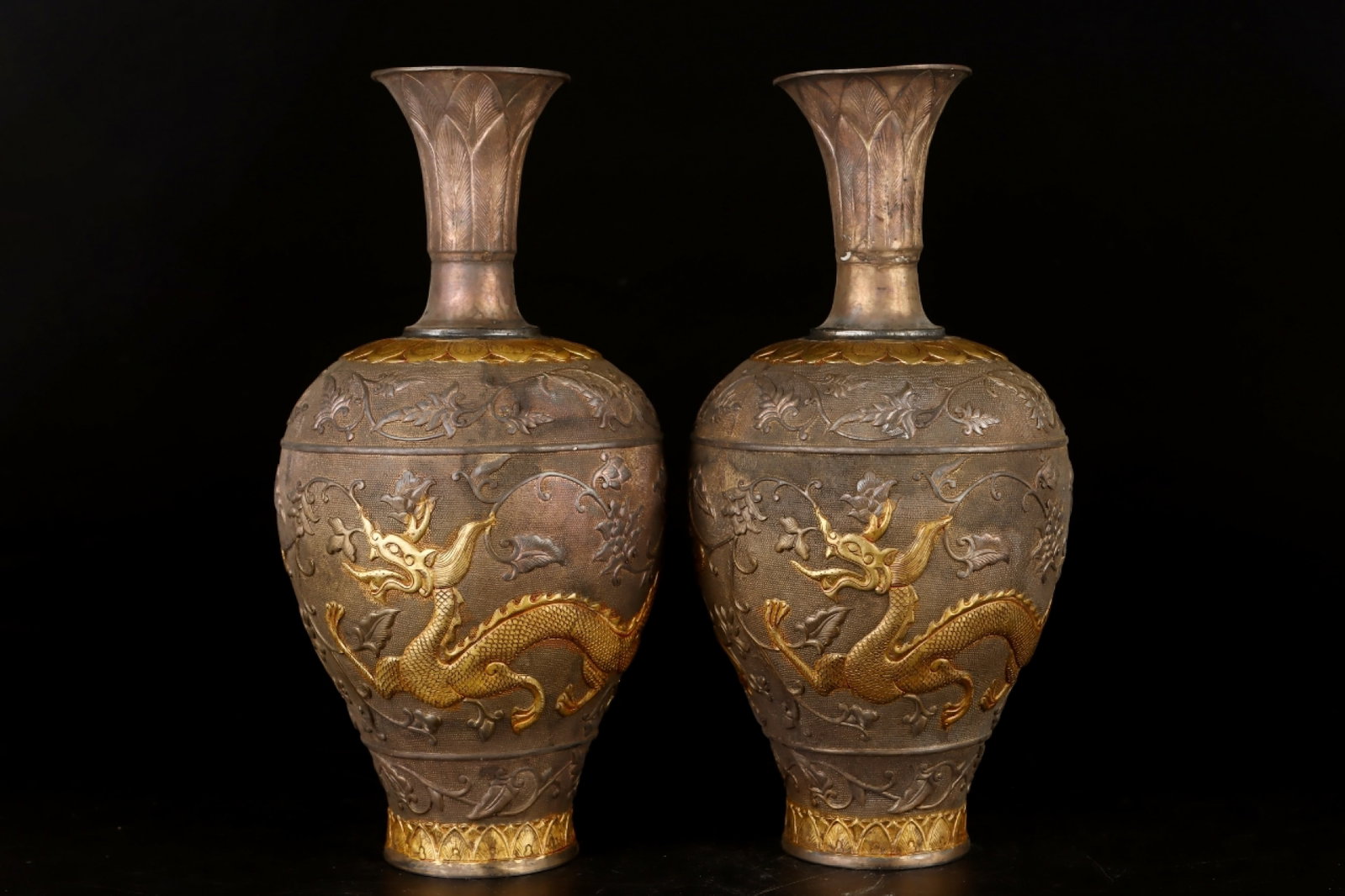 A Pair of Exquisite Gilt Bronze Lotus and Dragon Pattern Vases: A Pair of Exquisite Gilt Bronze Lotus and Dragon Pattern Vases,Tang Dynasty, China,With Mark,Size:13.2inx6.1in Weight:1825g 一对铜鎏金缠枝莲龙 