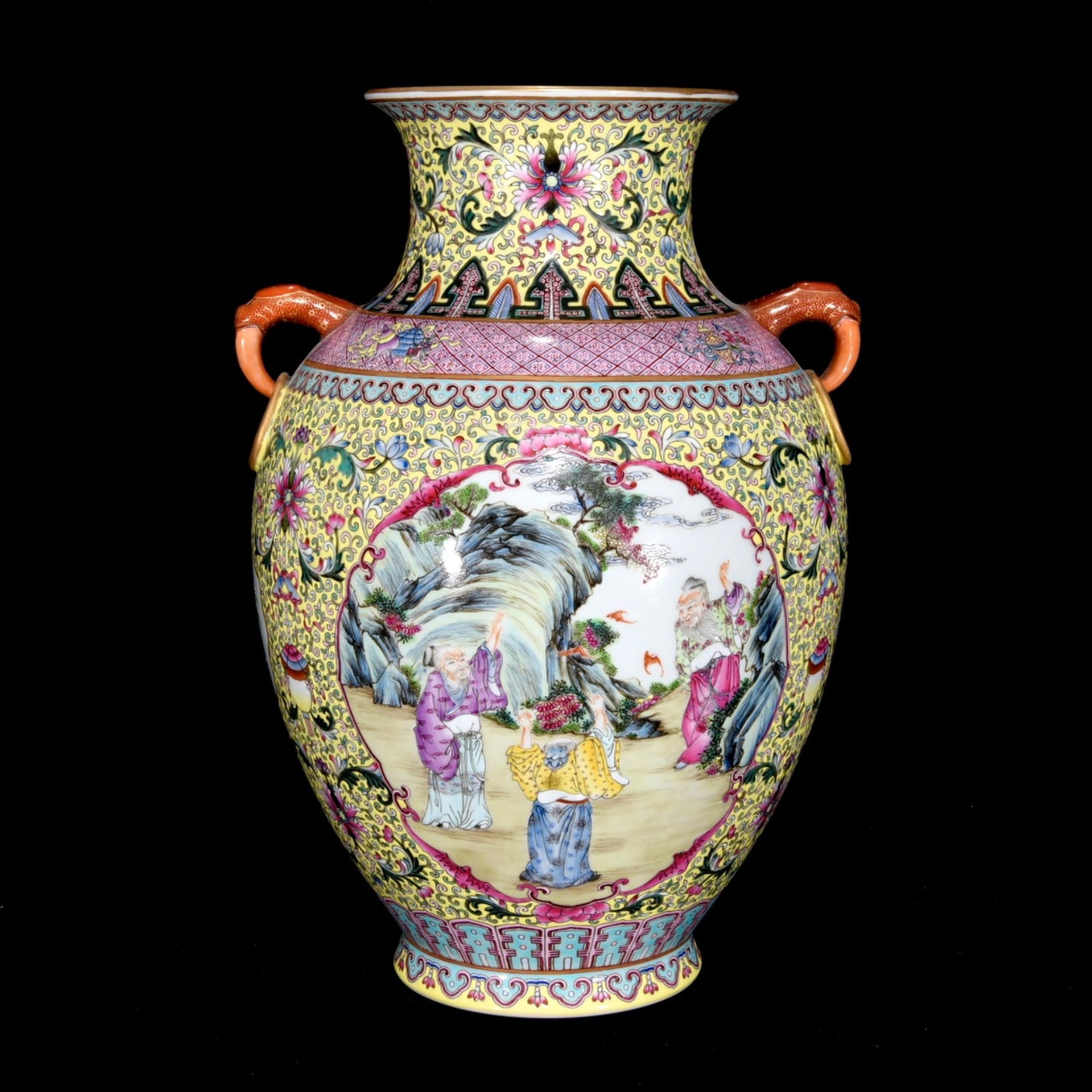 A Rare Famille-Rose Figure and Story Pattern Double-Ears Vase: A Rare Famille-Rose Figure and Story Pattern Double-Ears Vase,Qing Dynasty,China,Qianlong Six-Character Mark,Size:13.2inx9.1in 粉彩人物故事纹双耳&