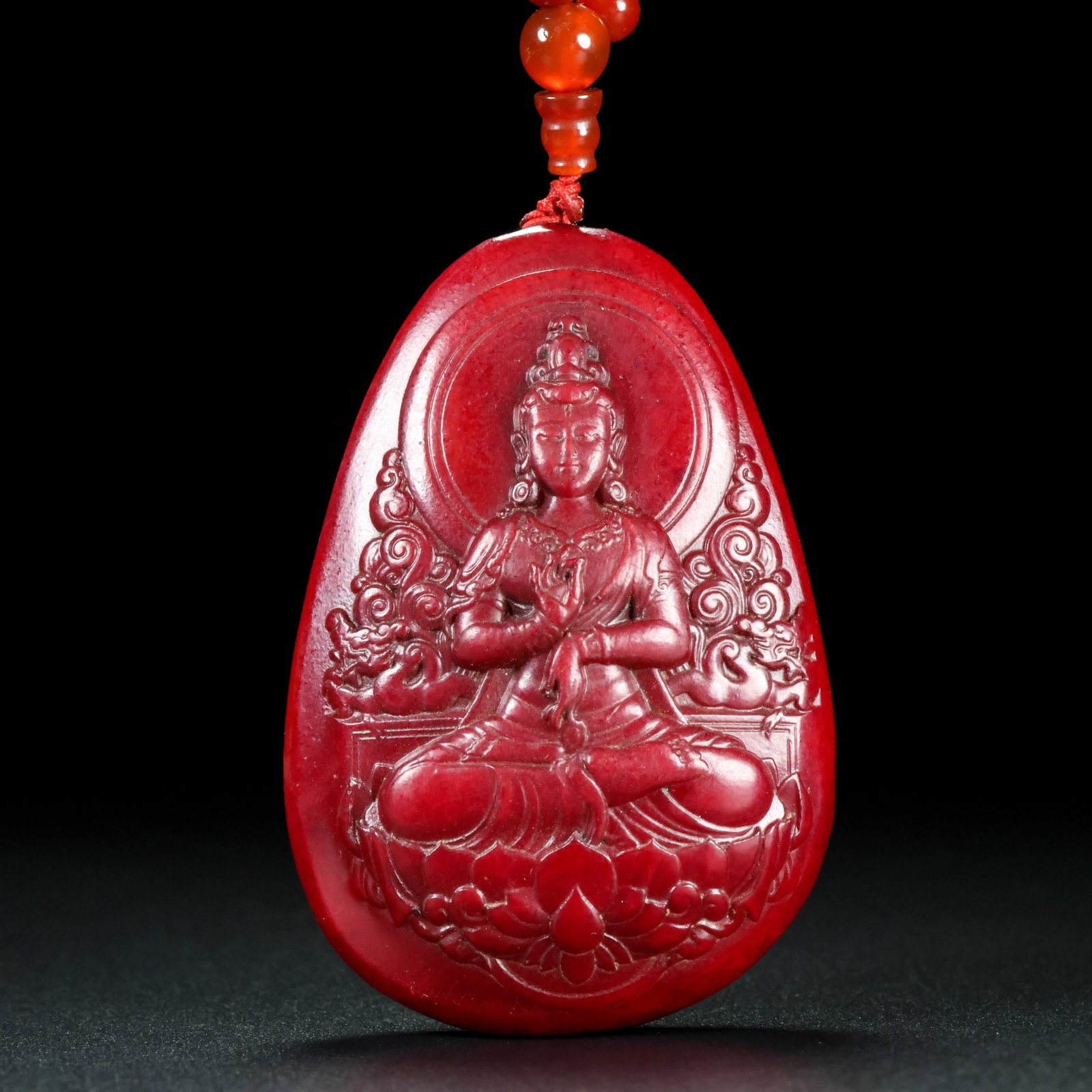 An Exquisite Red Jade Statue of Bodhisattva Pendant: An Exquisite Red Jade Statue of Bodhisattva Pendant,Qing Dynasty,China,Size:73mmx49mmx23mm,Weight:153g 红玉菩萨像挂件,中国清代