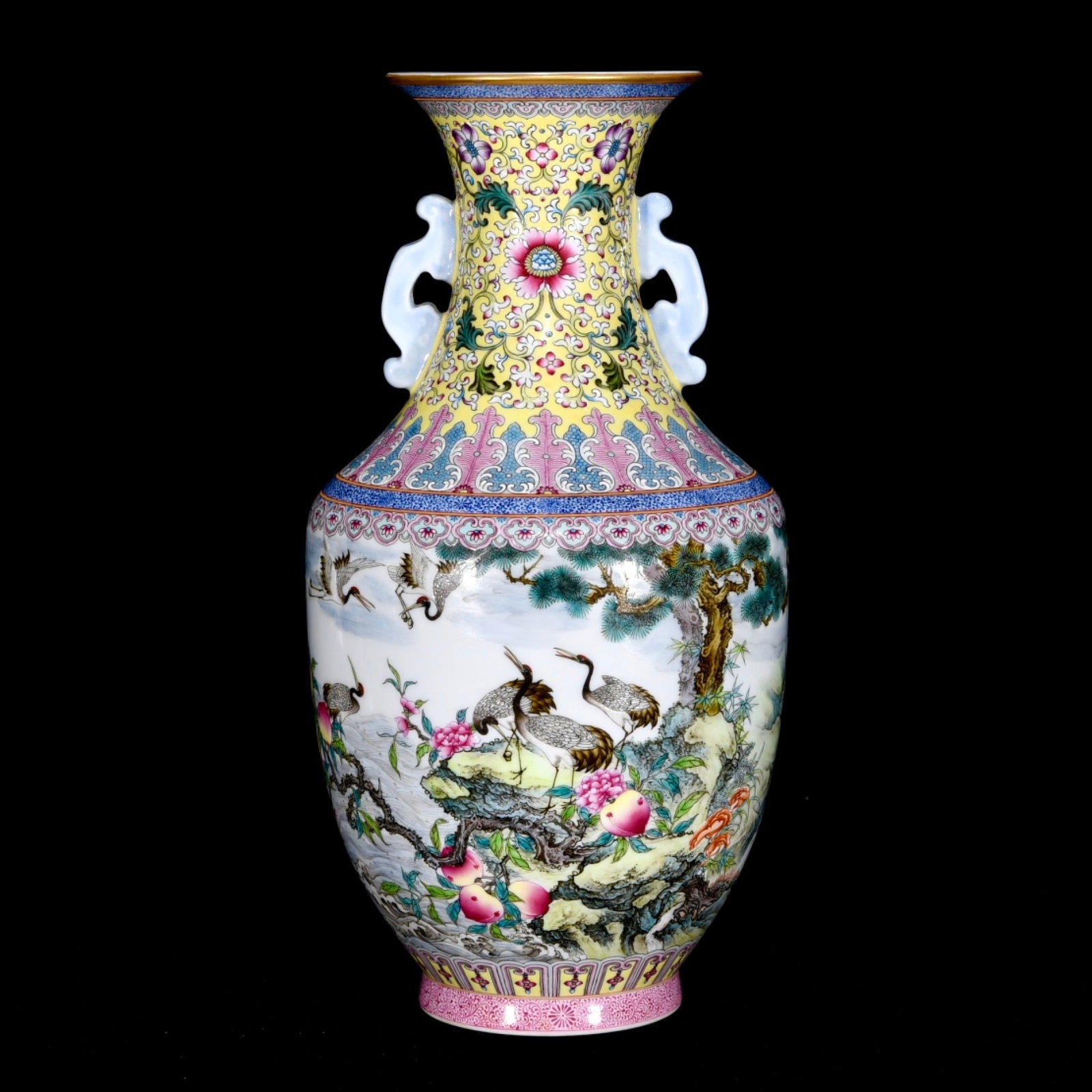 An Exquisite Famille-Rose Pine and Crane Pattern Double-Ears Vase,with Poem: An Exquisite Famille-Rose Pine and Crane Pattern Double-Ears Vase,with Poem,Qing Dynasty,China,Qianlong Six-Character Mark,Size:11.4inx5.9in 粉彩松鹤纹双耳
