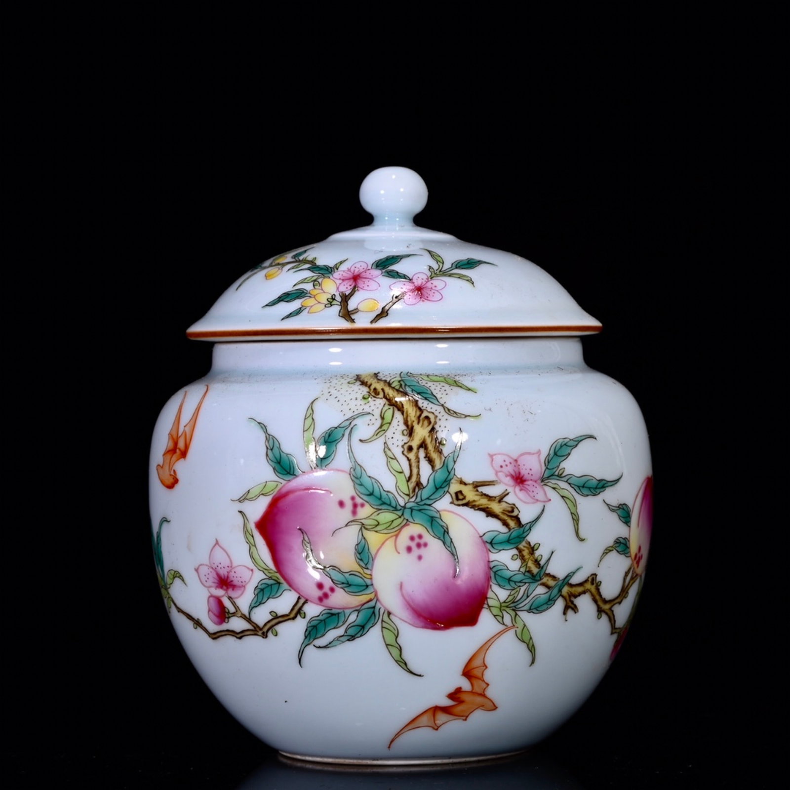 An Exquisite Famille-Rose Bats and Peach Pattern Jar with Cover,with Poem: An Exquisite Famille-Rose Bats and Peach Pattern Jar with Cover,with Poem,Qing Dynasty,China,Yongzheng Four-Character Mark,Size:4.7inx4.3in 粉彩蝙蝠桃子纹