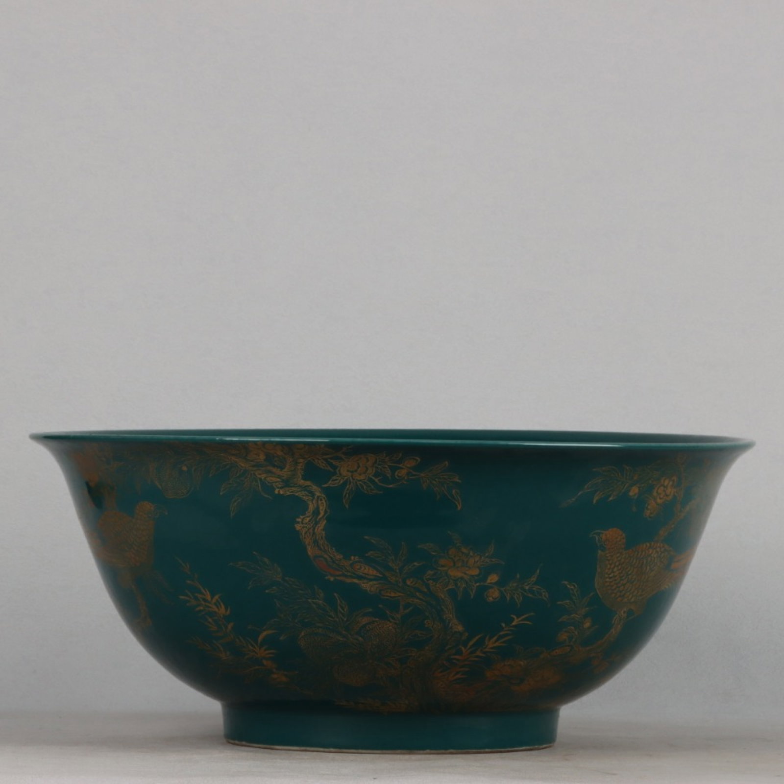 An Exquisite Blue Glazed Painted Gold Flower and Bird Pattern Bowl: An Exquisite Blue Glazed Painted Gold Flower and Bird Pattern Bowl,Qing Dynasty, China,Qianlong Six-character Mark,Size:6.3inx14.6in 蓝釉描金花鸟纹碗,&#