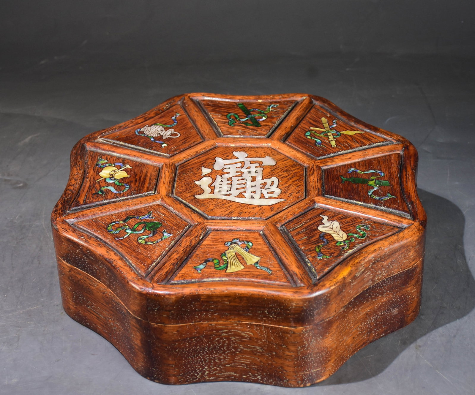A Rare Huanghuali wood Inlaid Shell Eight Treasures Pattern Box: A Rare Huanghuali wood Inlaid Shell Eight Treasures Pattern Box,Qing Dynasty,China,Size:3.9inx12.2inx12.2in 黄花梨木镶贝壳八宝纹盒,