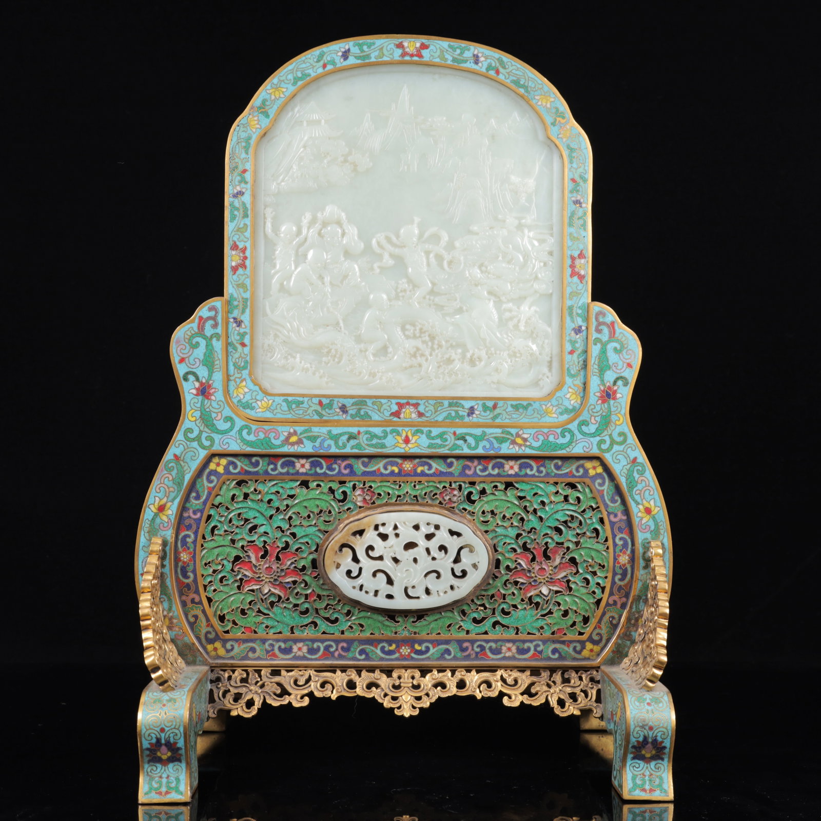 An Exquisite Cloisonne Inlaid White Jade Figure Pattern Table Screen,with poem: An Exquisite Cloisonne Inlaid White Jade Figure Pattern Table Screen,with poem,Qing Dynasty, China,Qianlong Four-character Mark,Size:14.6inx11inx6.7in,Weight:3400g 景泰蓝嵌