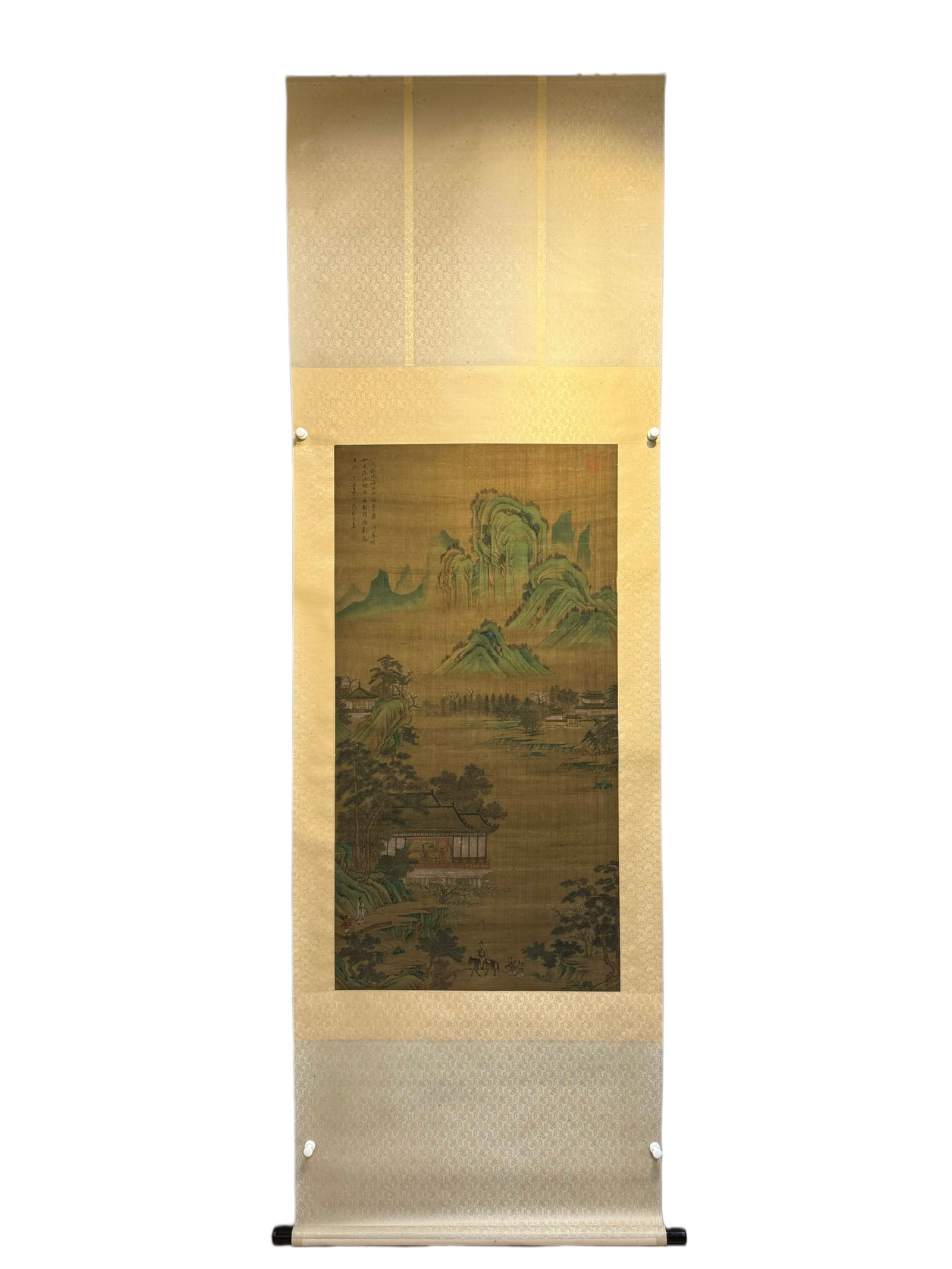 A Chinese Vertical Scroll Ink Painting of Landscape and Figure on Silk: A Chinese Vertical Scroll Ink Painting of Landscape and Figure on Silk,Wen Jia,Size:26.4inx50.8in 一幅中国水墨绢本山水人物ஹ