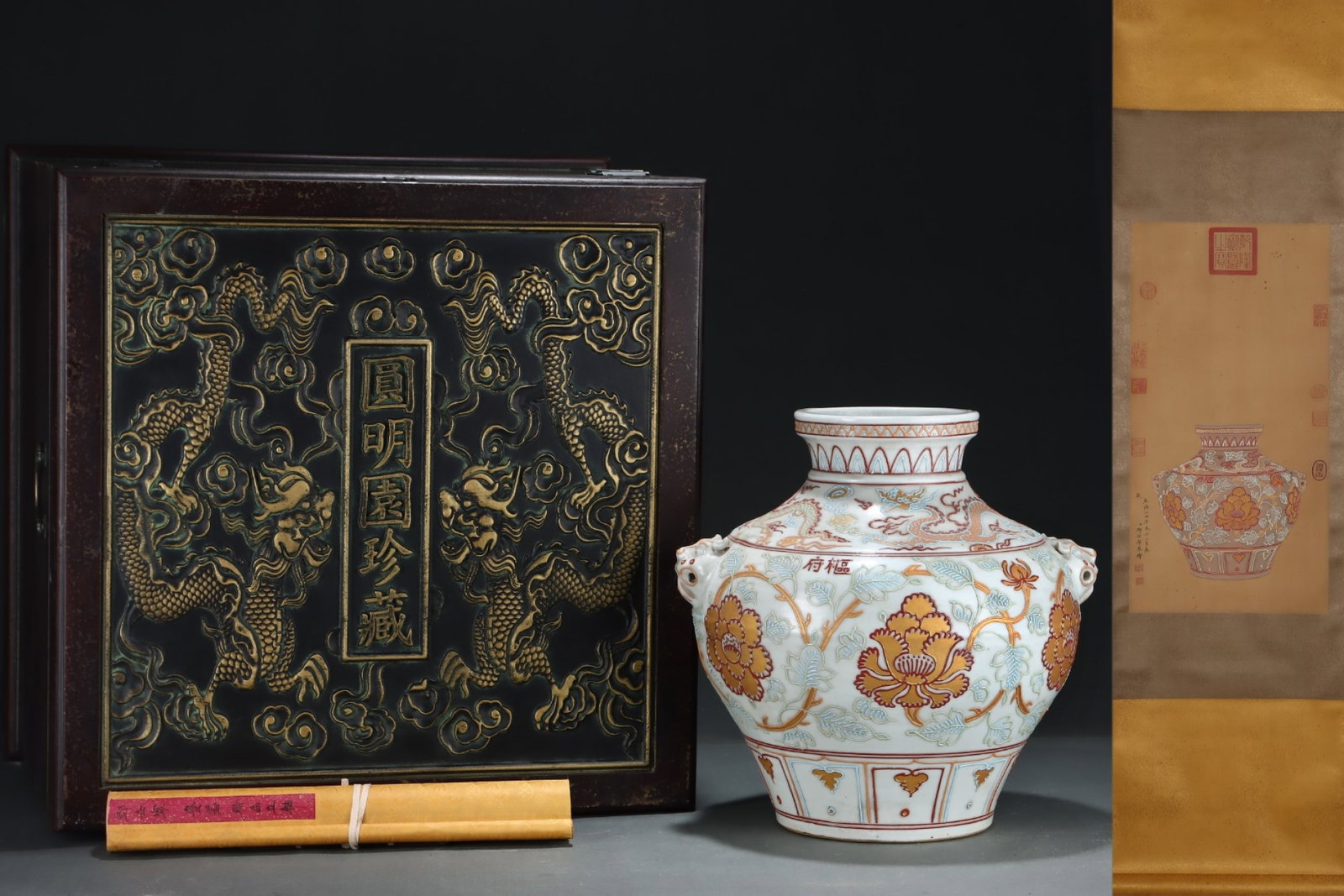A Rare Famille-Rose Lotus Pattern Beast-Ears Jar,with Chinese Vertical Scroll Ink Painting on Silk: A Rare Famille-Rose Lotus Pattern Beast-Ears Jar,with Chinese Vertical Scroll Ink Painting on Silk,Yuan Dynasty,China,Size:(Without Frame)24.4inx12.6in,(Porcelain)14inx14.2in 粉彩缠&