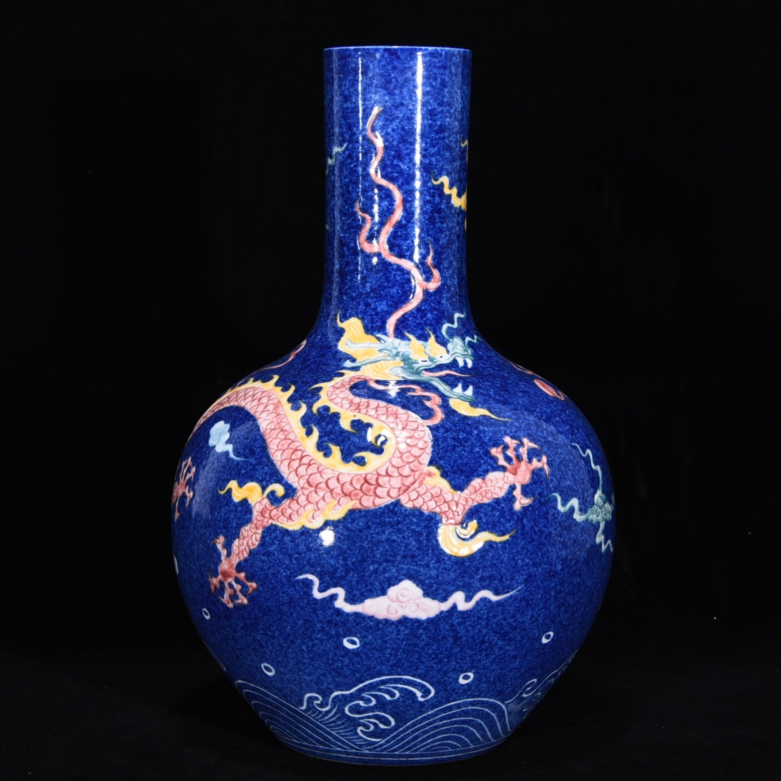 A Rare Blue and White Blue Glazed Wucai Dragon Pattern Vase: A Rare Blue and White Blue Glazed Wucai Dragon Pattern Vase,Ming Dynasty,China,Xuande Six-character Mark,Size:14.6inx8.7in 青花蓝釉五彩龙纹瓶,