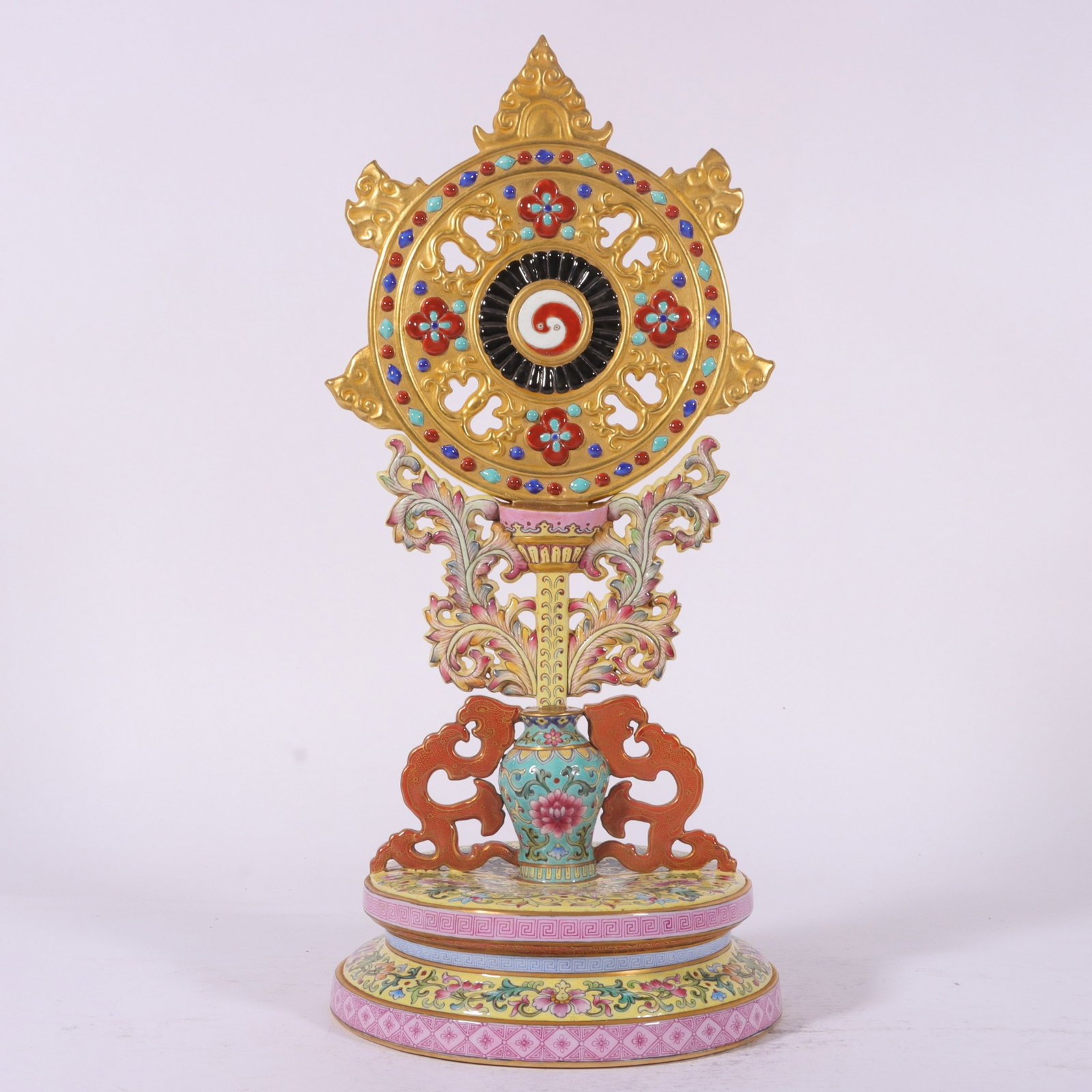 A Rare Enamel Yellow Ground Painted Gold Lotus Pattern Ritual Implement: A Rare Enamel Yellow Ground Painted Gold Lotus Pattern Ritual Implement,Qing Dynasty,China,Qianlong Four-character Mark,Size:14.9inx6.7in