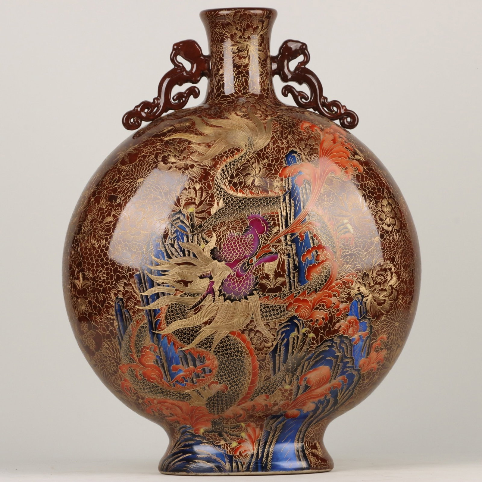 A Huge Enamel Dragon and Phoenix Pattern Double-Ears Vase: A Huge Enamel Dragon and Phoenix Pattern Double-Ears Vase ,Qing Dynasty, China,Qianlong Six-character Mark,Size:19.7inx15in 珐琅彩龙凤纹双耳瓶,