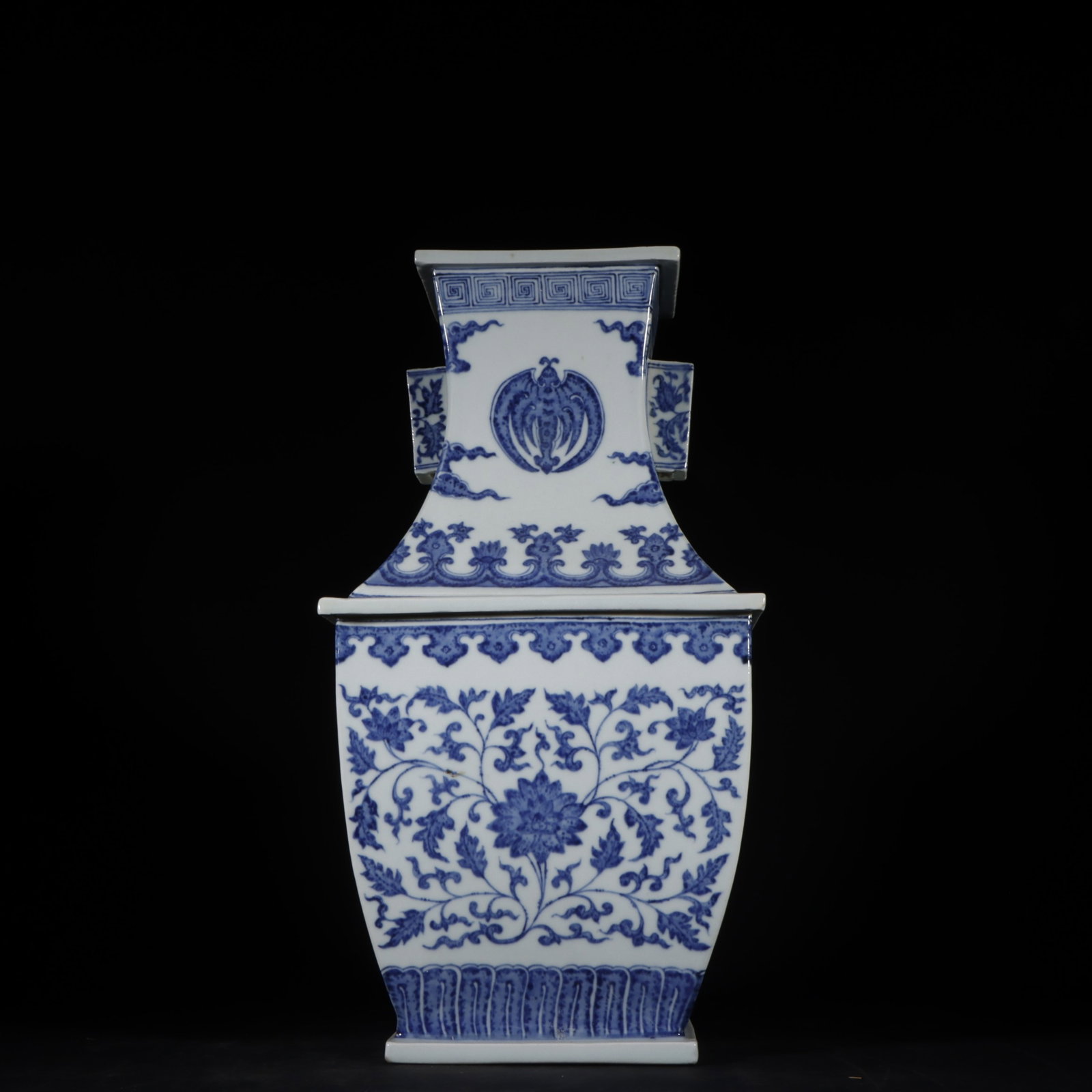 A Rare Blue and White Lotus Pattern Double-Ears Vase: A Rare Blue and White Lotus Pattern Double-Ears Vase,Qing Dynasty,China,Qianlong Six-Character Mark,Size:14.8inx7.7in 青花缠枝莲纹双耳瓶,中&