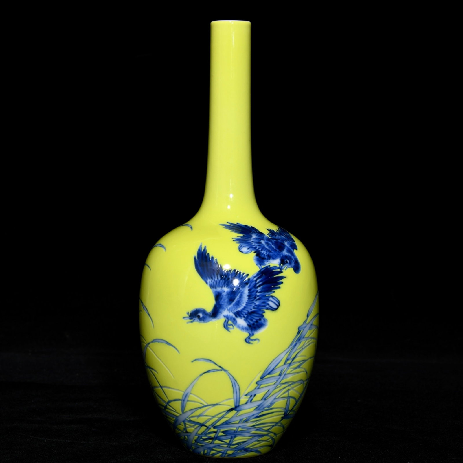 An Exquisite Yellow Ground Blue and White Flower and Bird Pattern Vase,with poem: An Exquisite Yellow Ground Blue and White Flower and Bird Pattern Vase,with poem,the Republic of China,With Mark,Size:8.3inx3.5in 黄地青花花鸟纹瓶,ñ