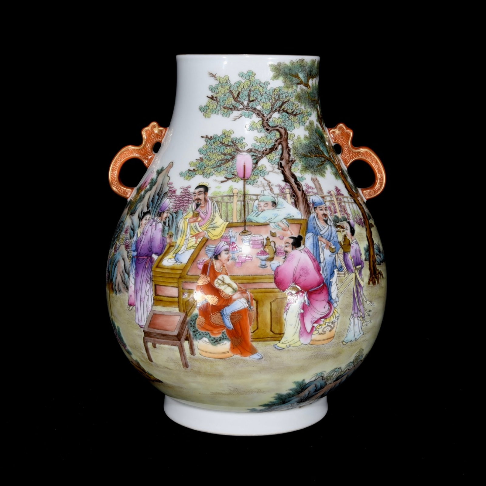 An Exquisite Famille-Rose Figure and Story Pattern Double-Ears Jar,with Poem: An Exquisite Famille-Rose Figure and Story Pattern Double-Ears Jar,with Poem,Qing Dynasty,China,Qianlong Six-Character Mark,Size:10.2inx8.3in 粉彩人物故事纹&#