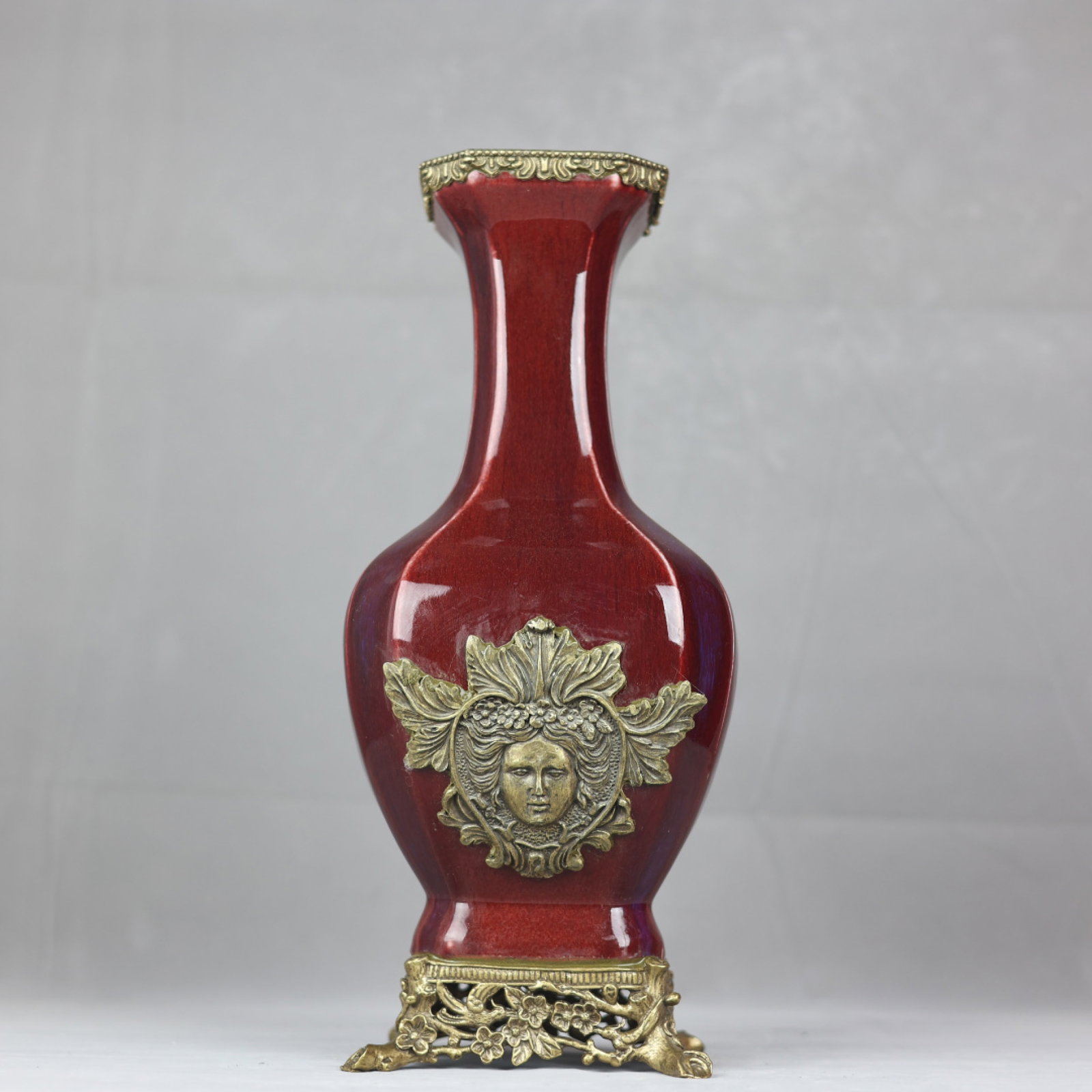 A Huge Ji Red Glazed Inlaid Bronze Figure Pattern Vase: A Huge Ji Red Glazed Inlaid Bronze Figure Pattern Vase,Qing Dynasty,China,Yongzheng Six-character Mark,Size:16.9inx7.9in 霁红釉镶铜人物纹瓶,ߑ