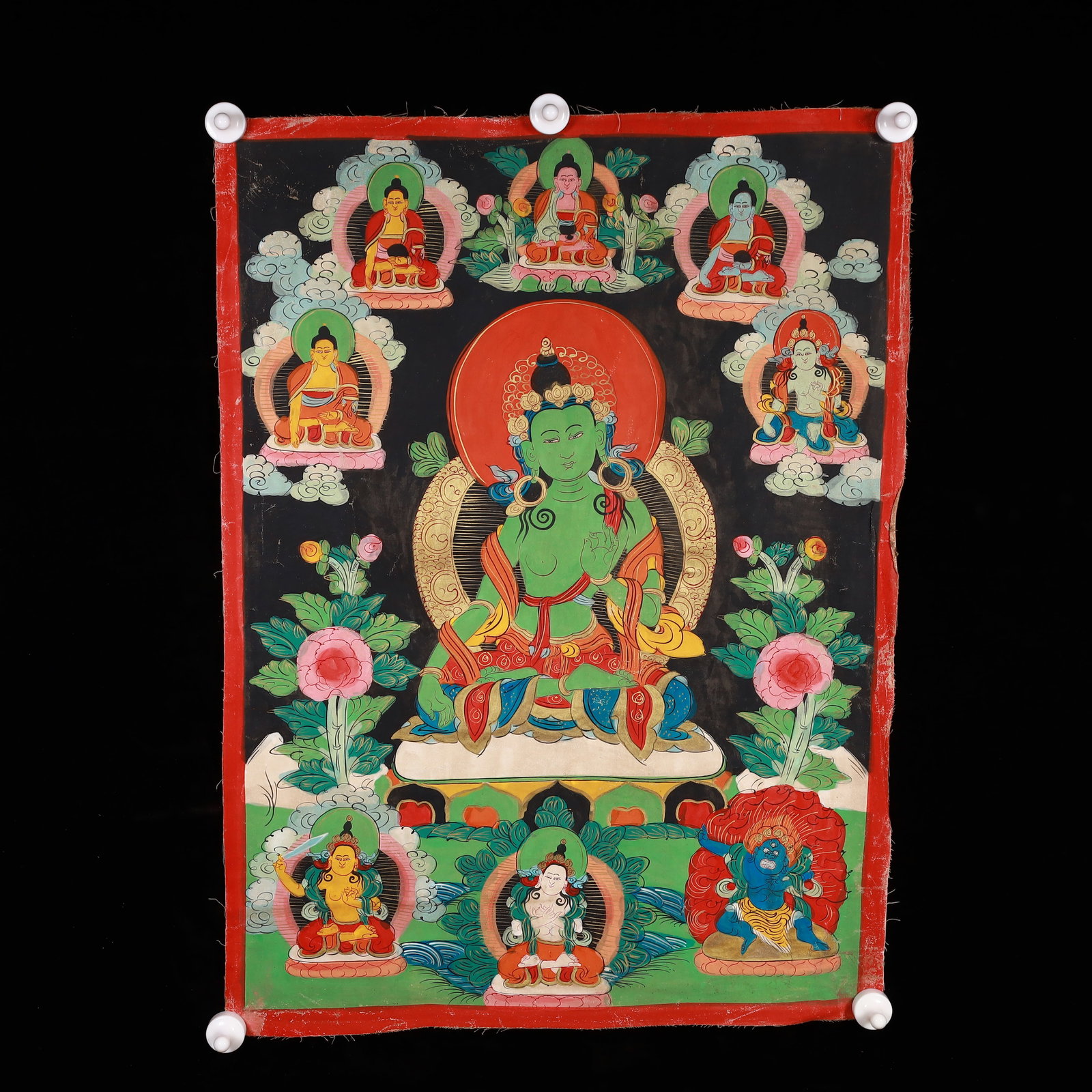 A Rare Painted Color Statue of Tara Tangka: A Rare Painted Color Statue of Tara Tangka,Qing Dynasty, China,Size:19.7inx27.2in 彩绘度母像唐卡,中国清代