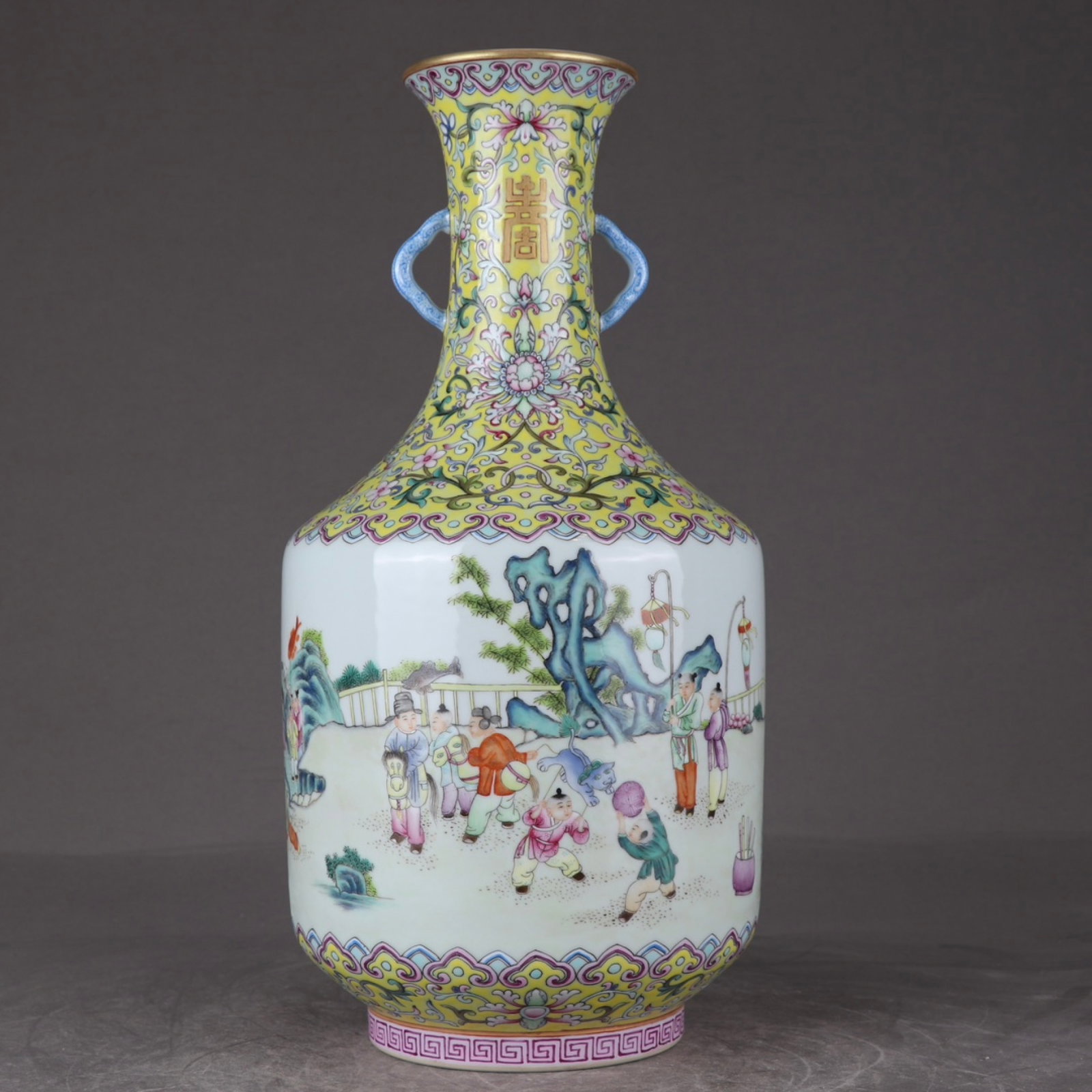An Exquisite Famille-Rose Yellow Ground Character and Story Pattern Double-Ears Vase: An Exquisite Famille-Rose Yellow Ground Character and Story Pattern Double-Ears Vase,Qing Dynasty,China,Qianlong Six-character Mark,Size:13inx6.9in