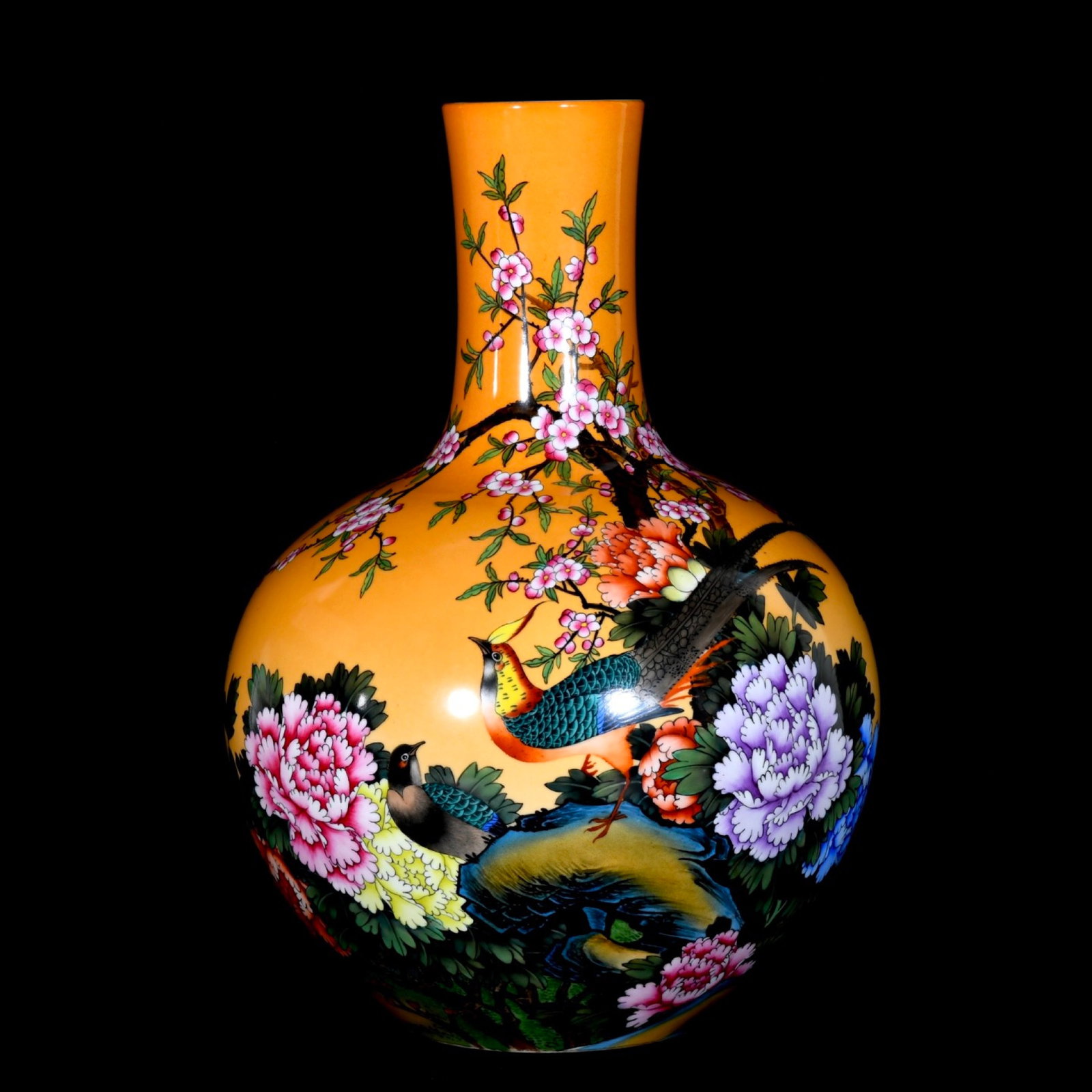 A Huge Enamel Flower and Bird Pattern Vase,with Poem: A Huge Enamel Flower and Bird Pattern Vase,with Poem,Qing Dynasty,China,Qianlong Six-Character Mark,Size:22inx14.2in 珐琅彩花鸟纹瓶,带诗文,&